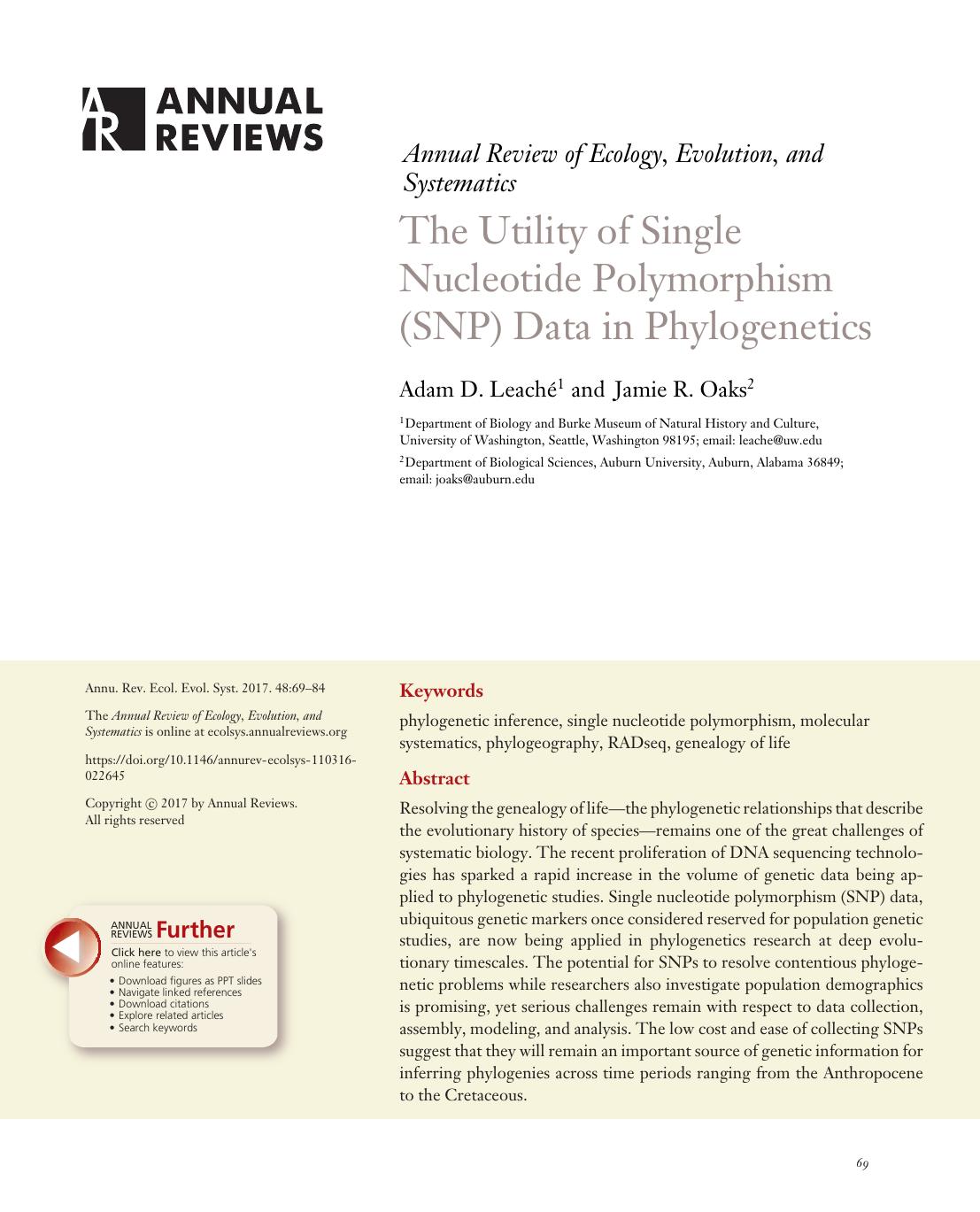 The Utility of Single Nucleotide Polymorphism (SNP) Data in Phylogenetics by Adam D. Leaché and Jamie R. Oaks