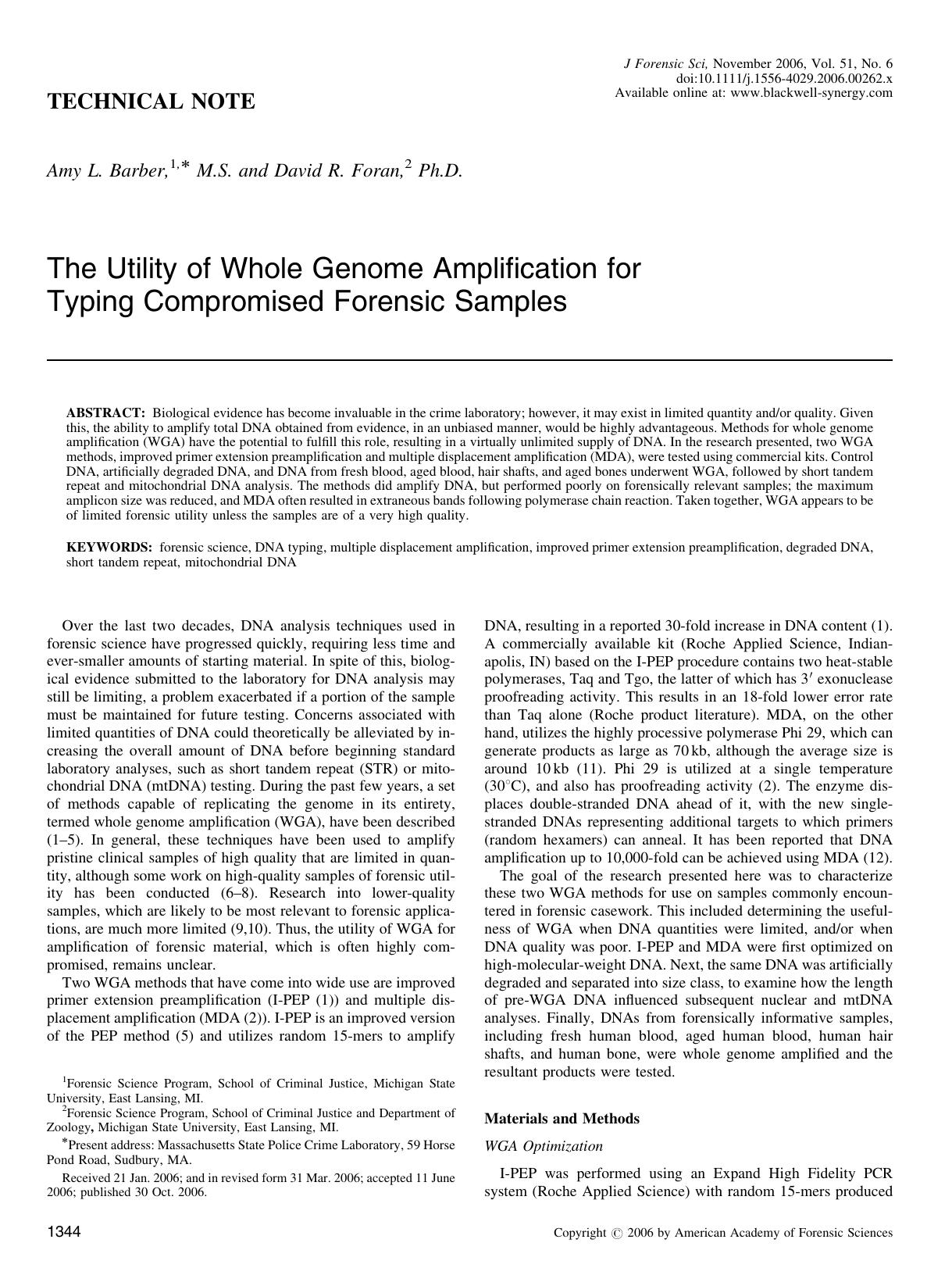 The Utility of Whole Genome Amplification for Typing Compromised Forensic Samples by Unknown
