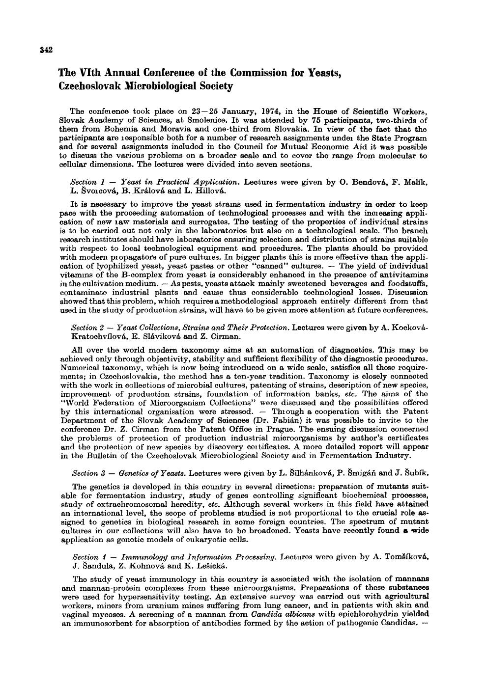 The VIth Annual Conference of the Commission for Yeast, Czechoslovak Microbiological Society by Unknown