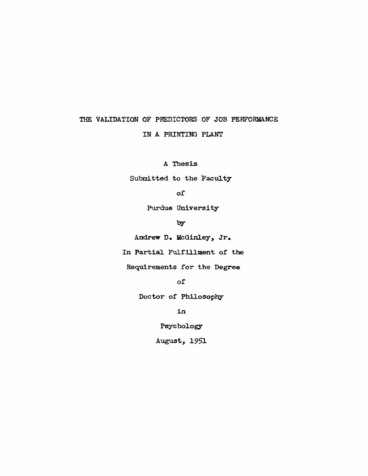The Validation of Predictors of Job Performance in a Printing Plant by Mcginley Andrew D. Jr