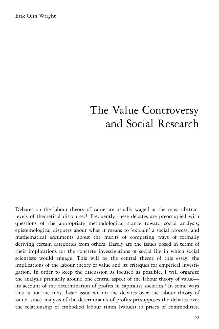The Value Controversy and Social Research by Erik Olin Wright