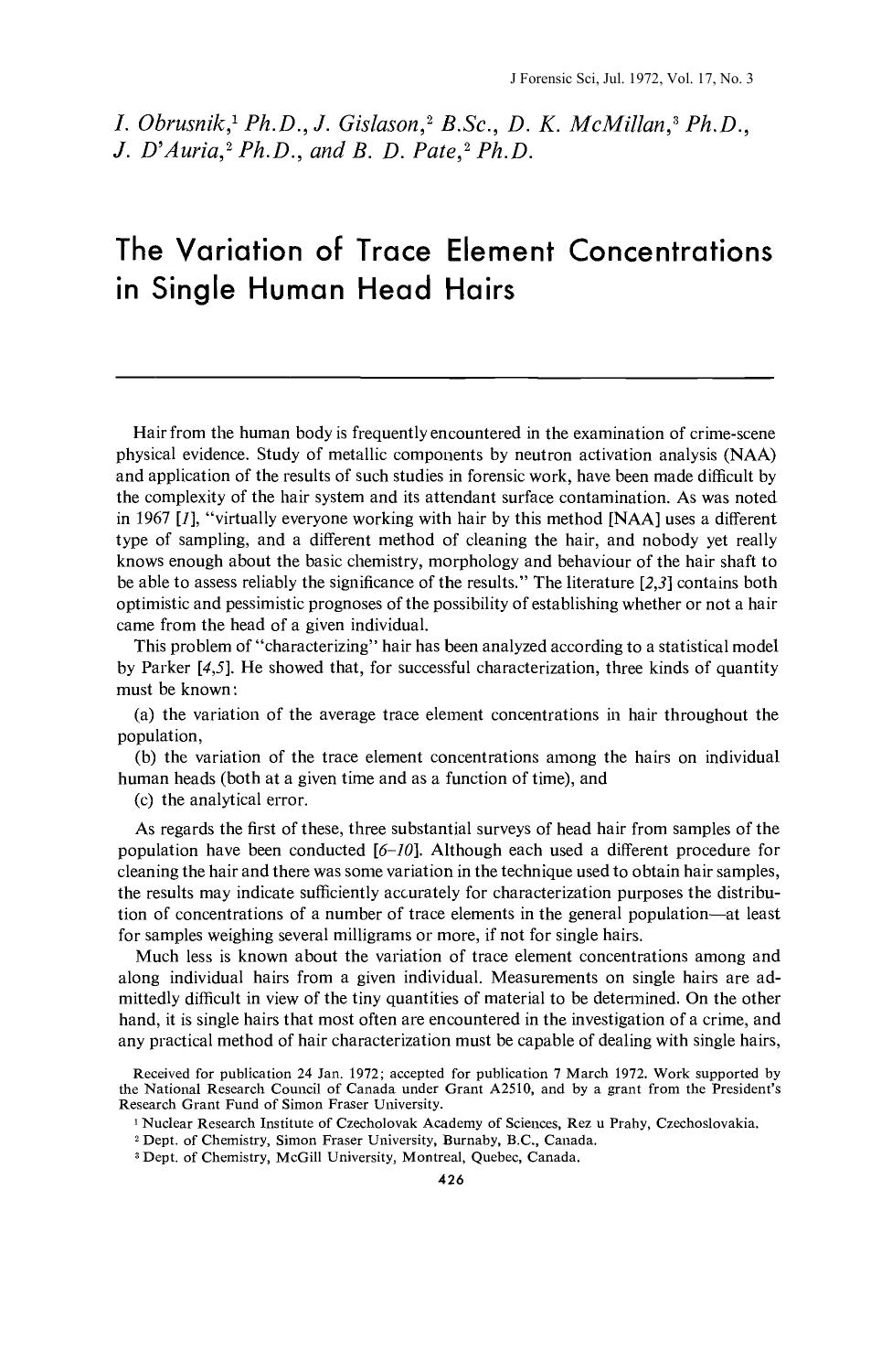 The Variation of Trace Element Concentrations in Single Human Head Hairs by Obrusnik I Gislason J McMillan DK D'Auria J Pate BD