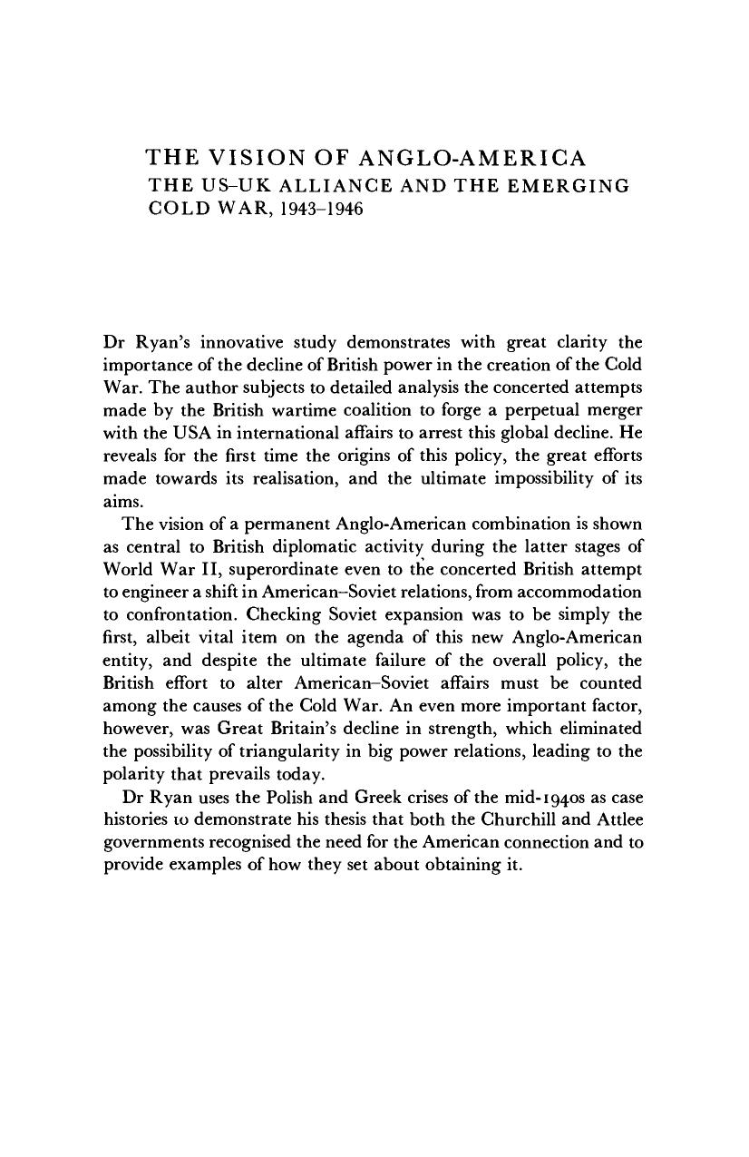 The Vision of Anglo-America: The US-UK Alliance and the Emerging Cold War, 1943-1946 by Henry Butterfield Ryan