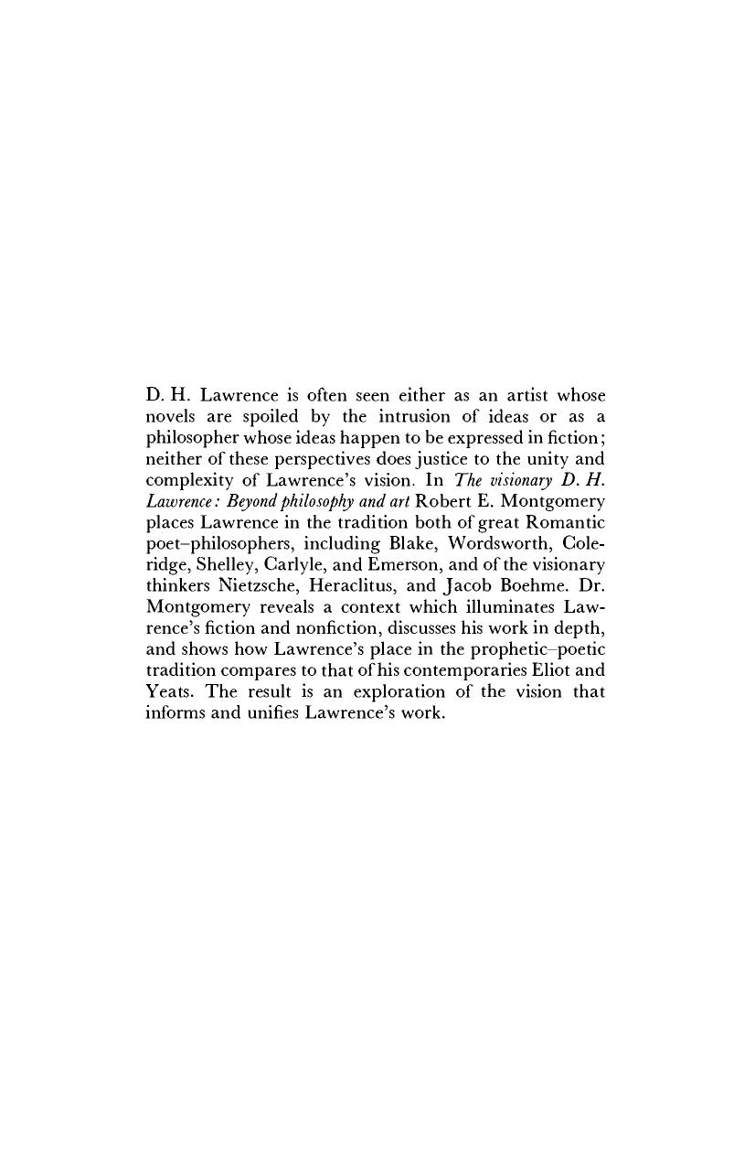 The Visionary D. H. Lawrence: Beyond Philosophy and Art by Robert E. Montgomery