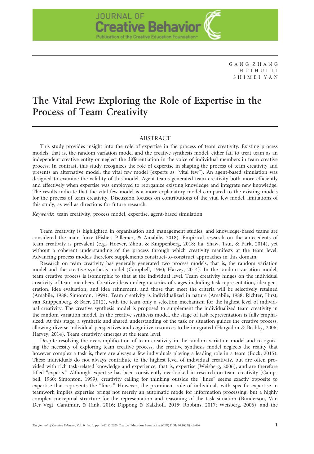 The Vital Few: Exploring the Role of Expertise in the Process of Team Creativity by Unknown