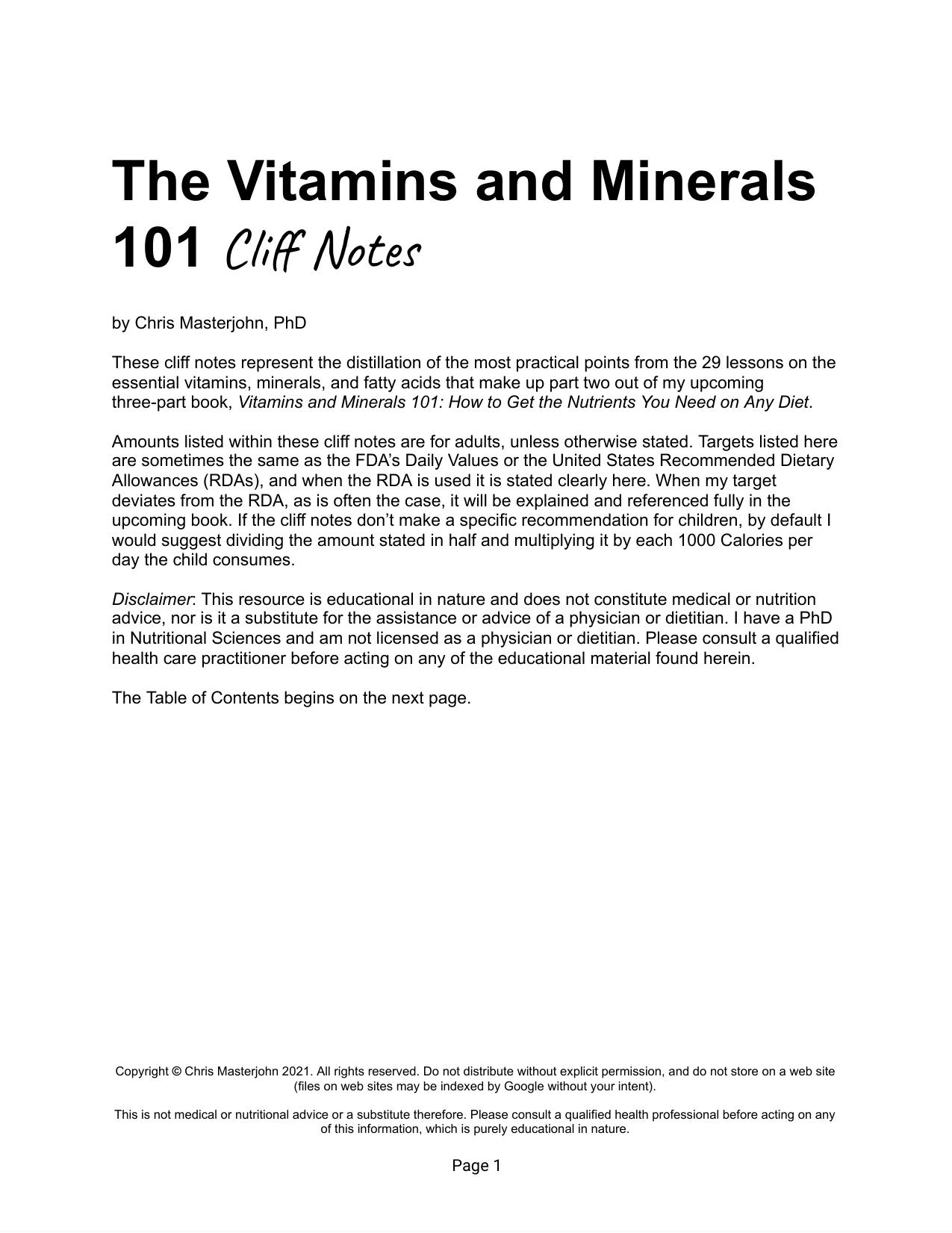 The Vitamins and Minerals 101 Cliff Notes by Chris Masterjohn