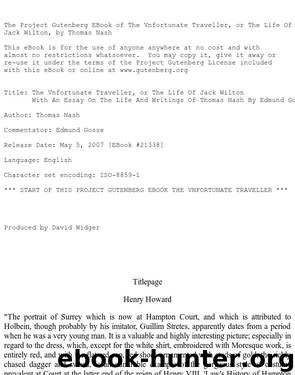 The Vnfortunate Traveller, or The Life Of Jack Wilton With An Essay On The Life And Writings Of Thomas Nash By Edmund Gosse by Thomas Nash