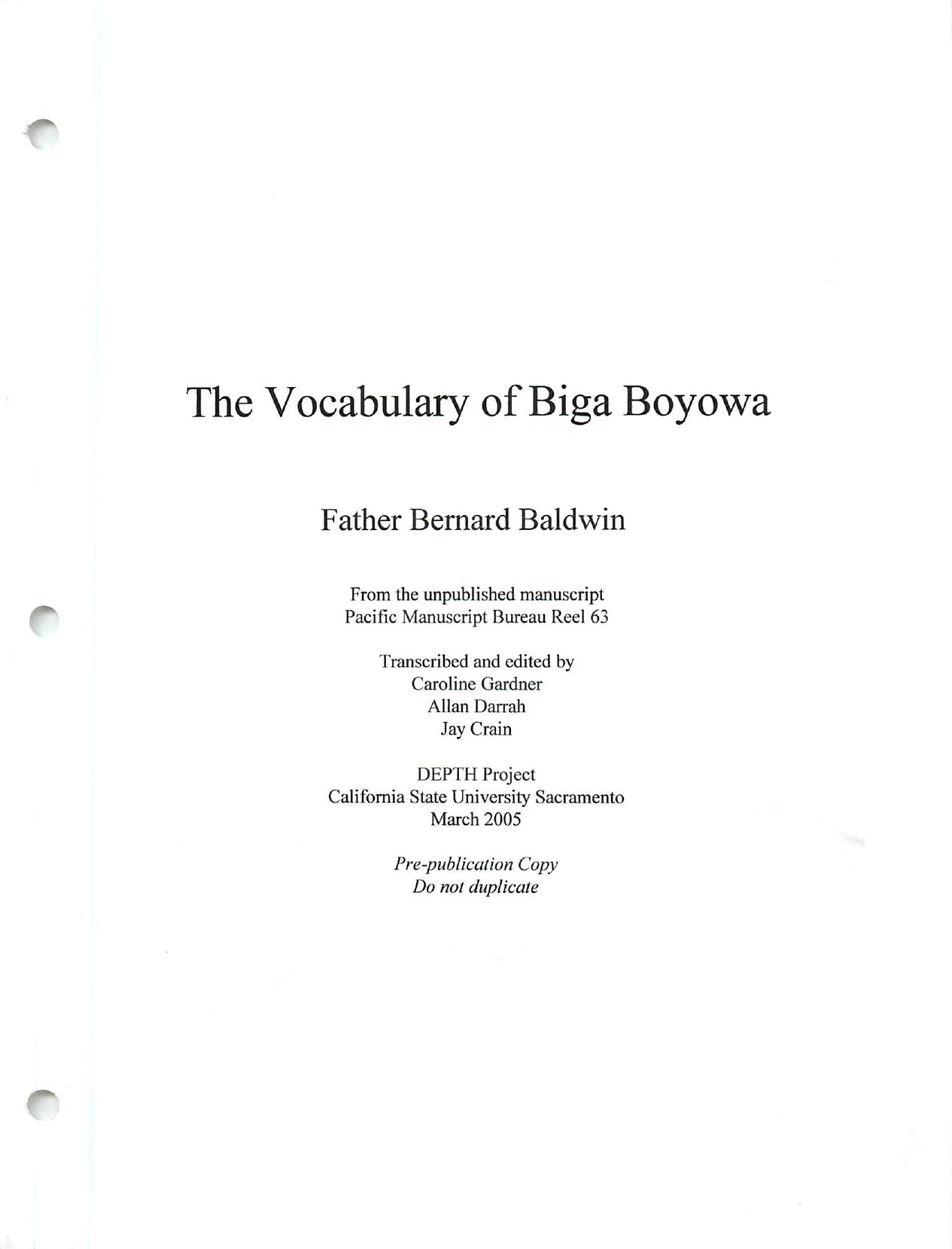 The Vocabulary of Biga Boyowa by Father Bernard Baldwin
