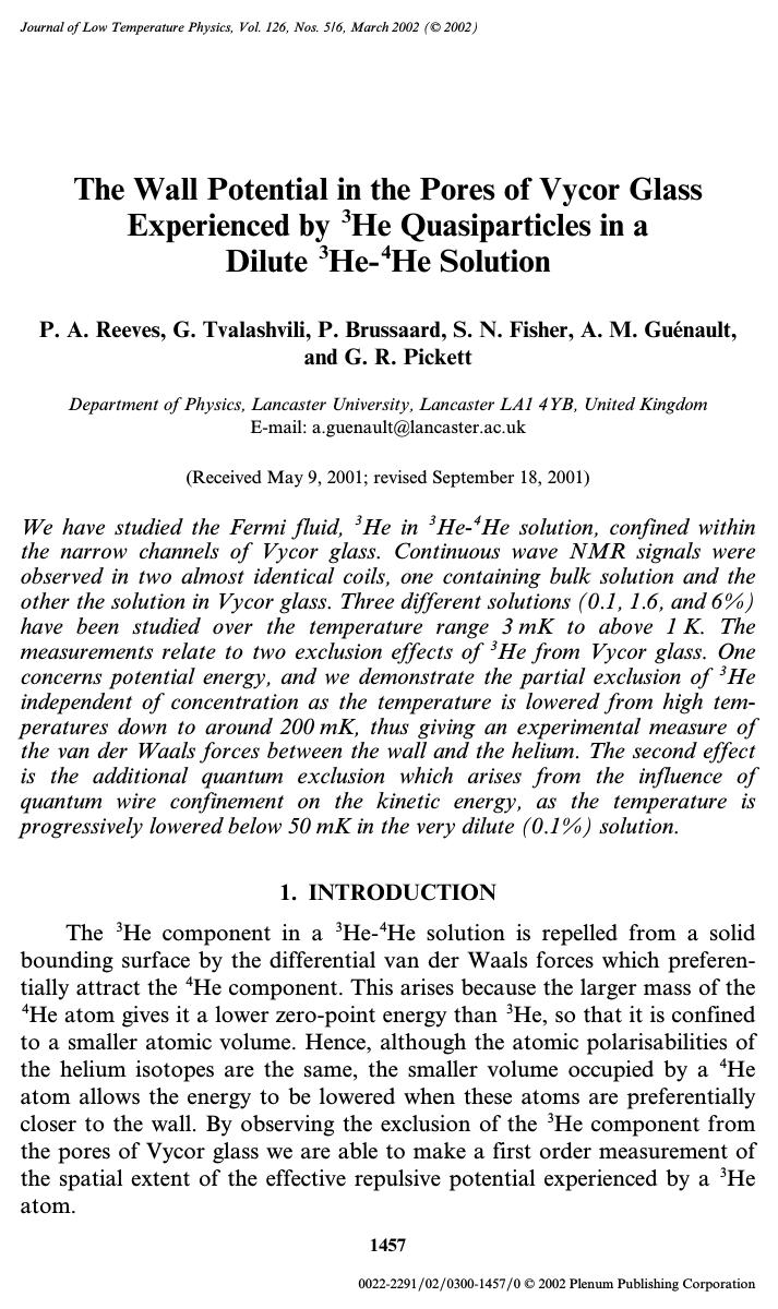 The Wall Potential in the Pores of Vycor Glass Experienced by 3He Quasiparticles in a Dilute 3He-4He Solution by Unknown