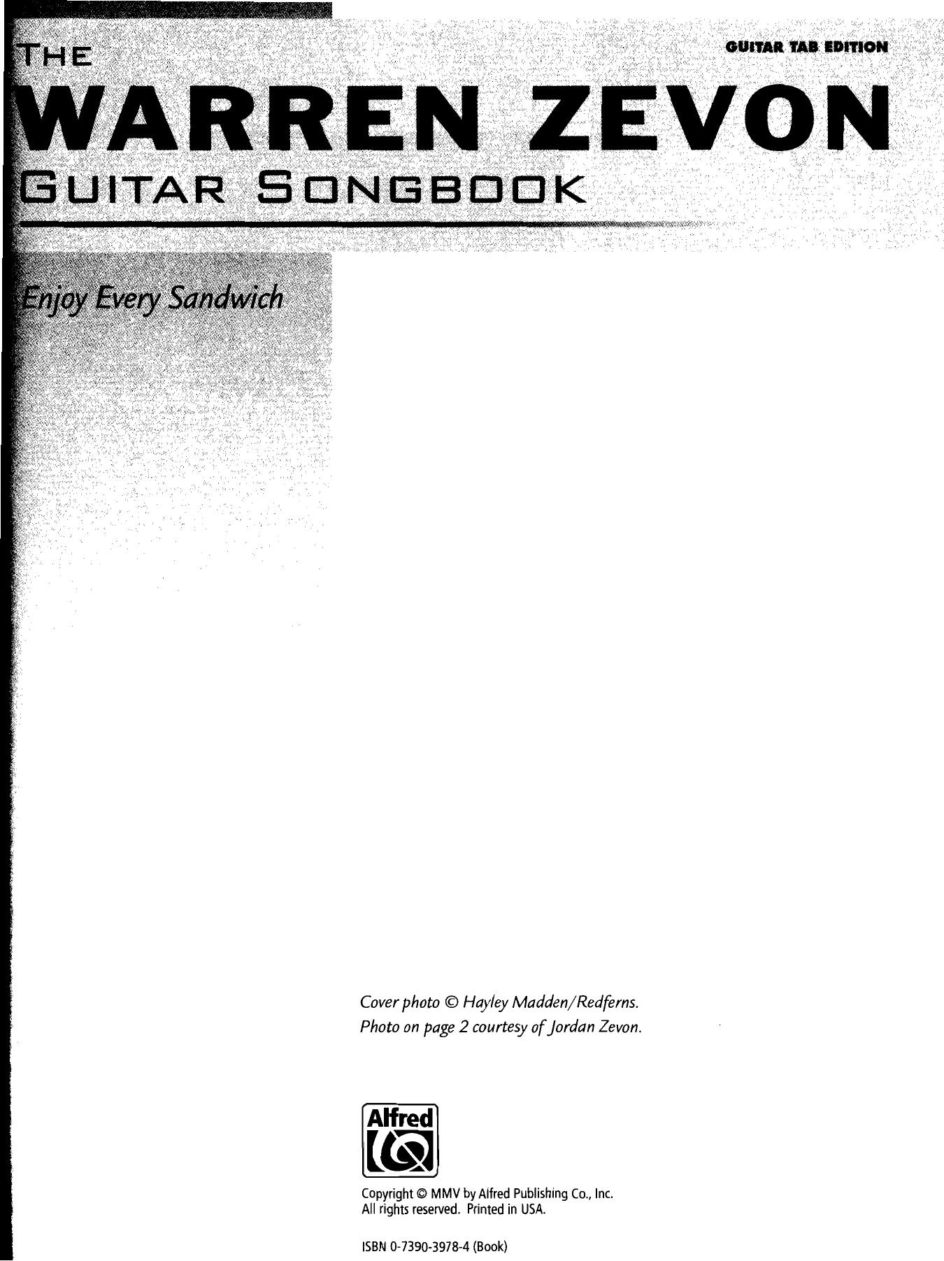 The Warren Zevon Guitar Songbook (Guitar Songbook Edition) (Guitar Songbooks) by Warren Zevon