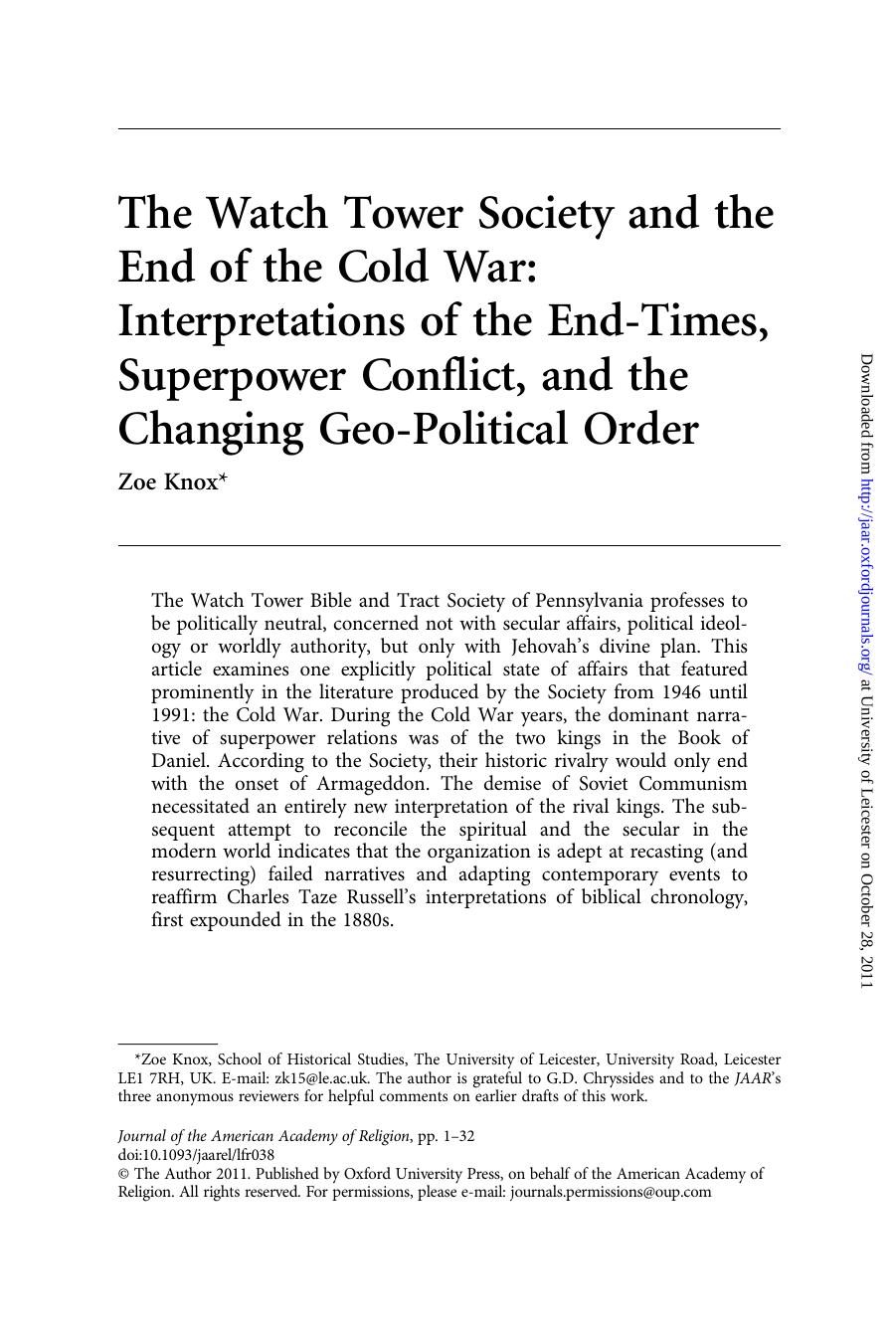 The Watch Tower Society and the End of the Cold War by Zoe Knox
