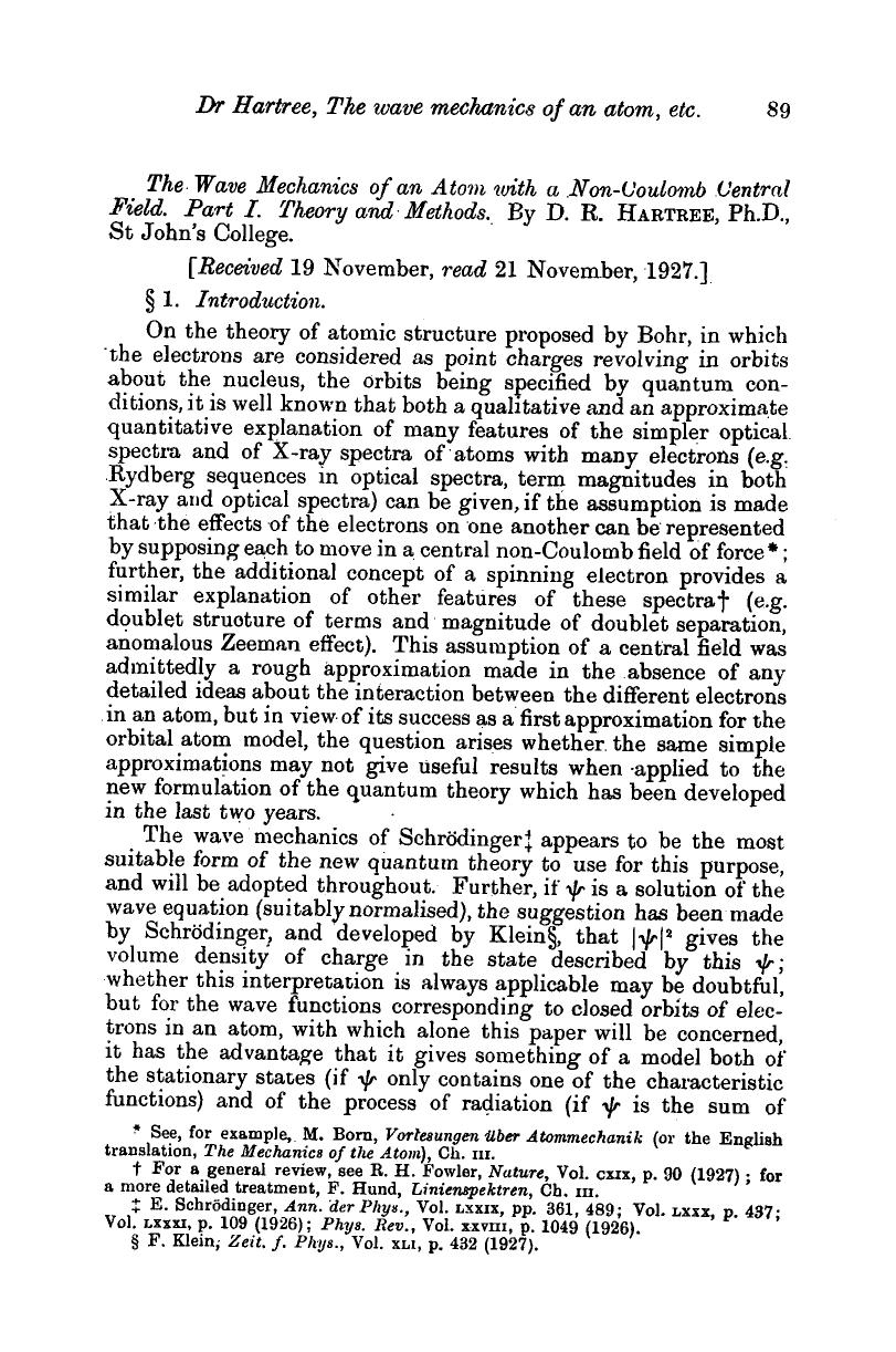 The Wave Mechanics of an Atom with a Non-Coulomb Central Field. Part I. Theory and Methods by D. R. Hartree