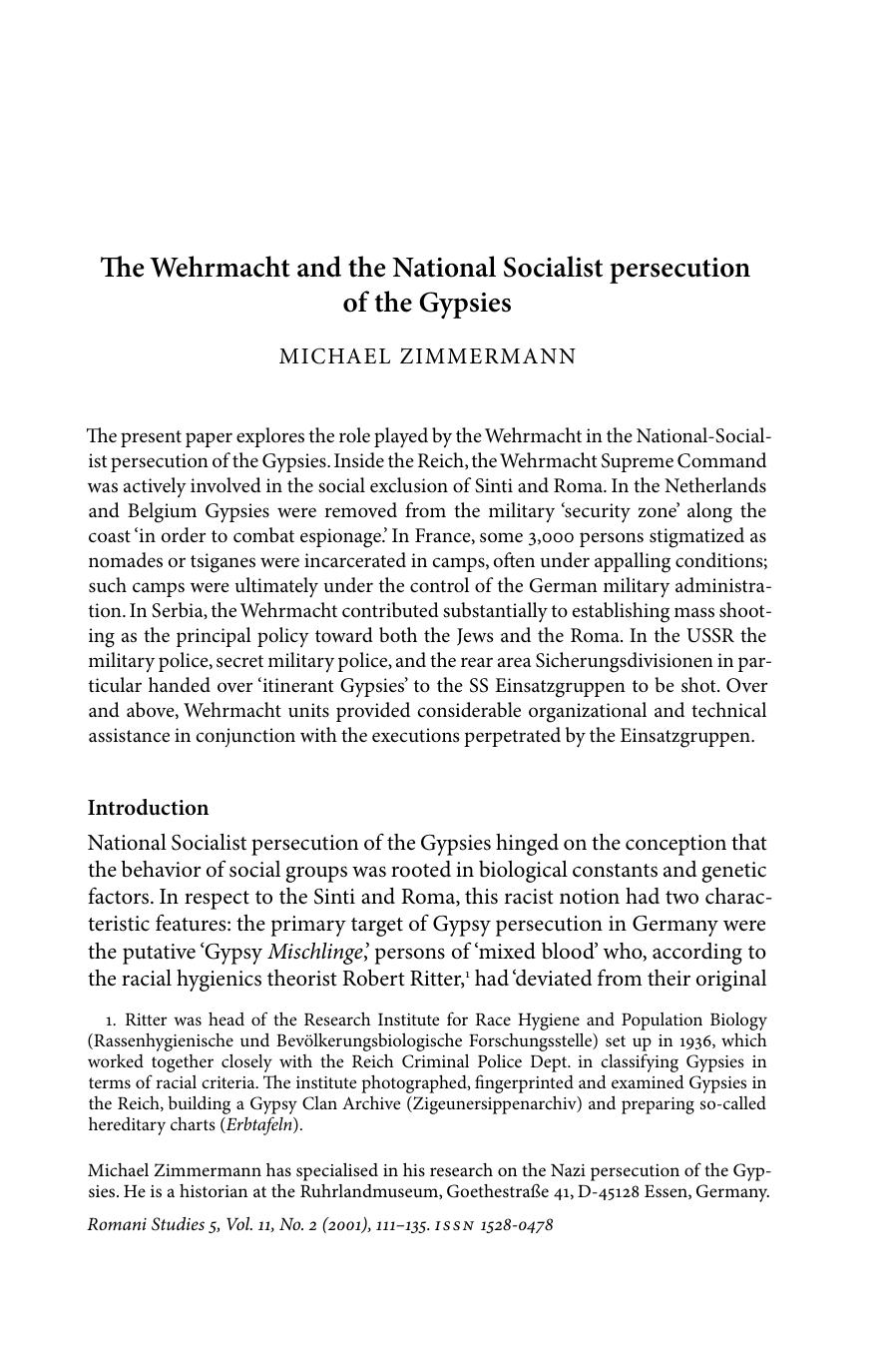 The Wehrmacht and the National Socialist Persecution of the Gypsies by Unknown