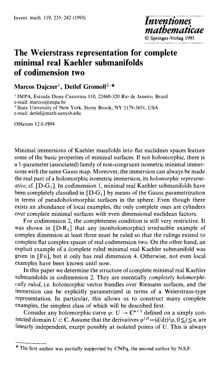 The Weierstrass representation for complete minimal real Kaehler submanifolds of codimension two by Unknown