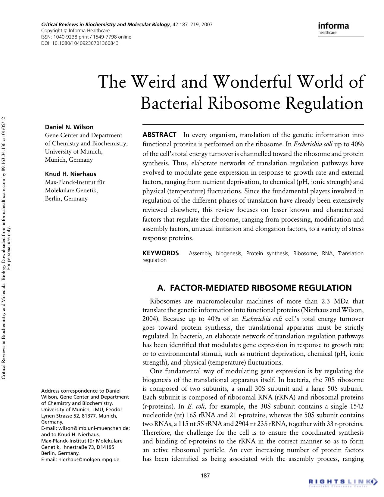 The Weird and Wonderful World of Bacterial Ribosome Regulation by Daniel N. Wilson & Knud H. Nierhaus