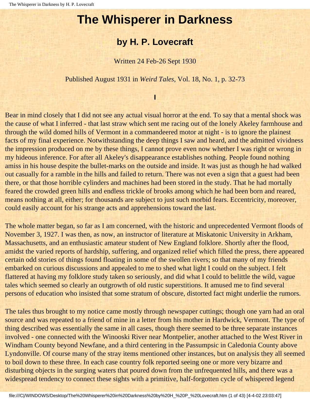 The Whisperer in Darkness by H. P. Lovecraft by Unknown