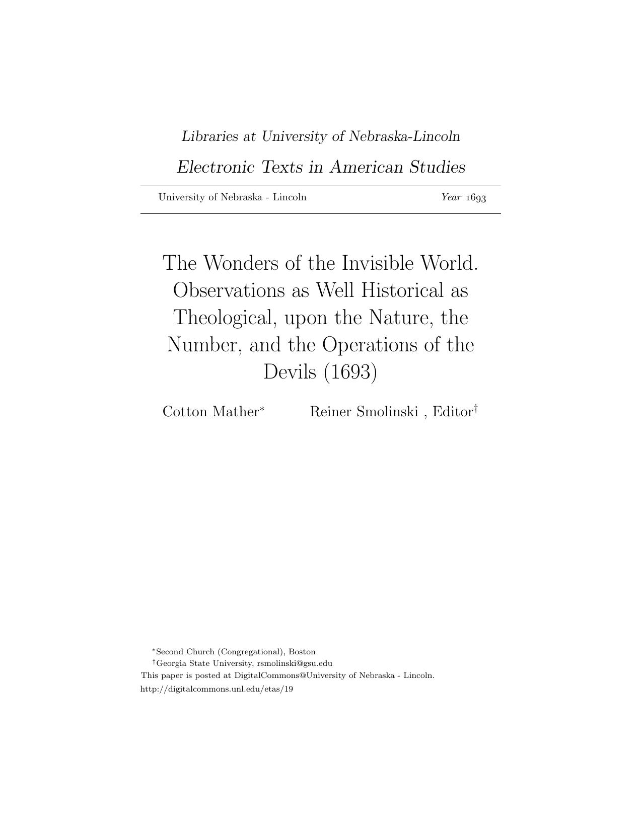 The Wonders of the Invisible World; The Devil Discovered by Cotton Mather Edited by Reiner Smolinski