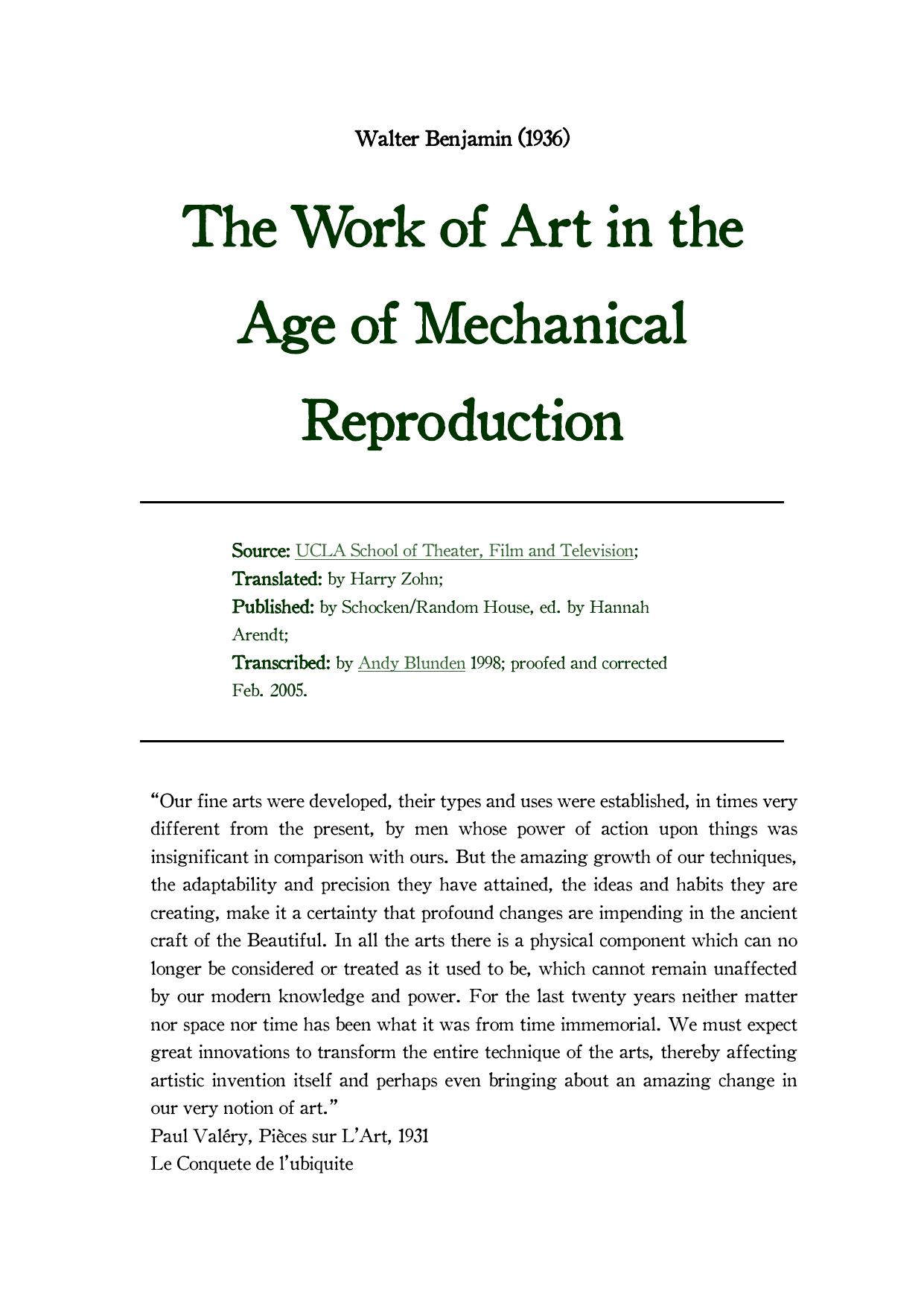 The Work of Art in the Age of Mechanical Reproduction by Walter Benjamin