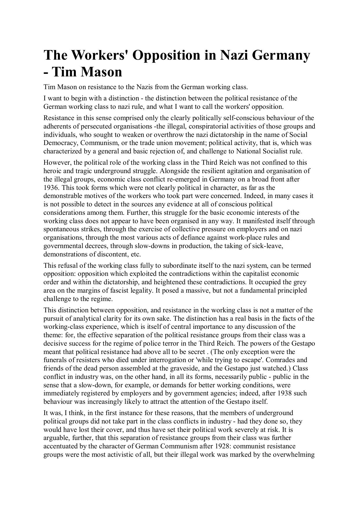 The Workers Opposition in Nazi Germany by Tim Mason