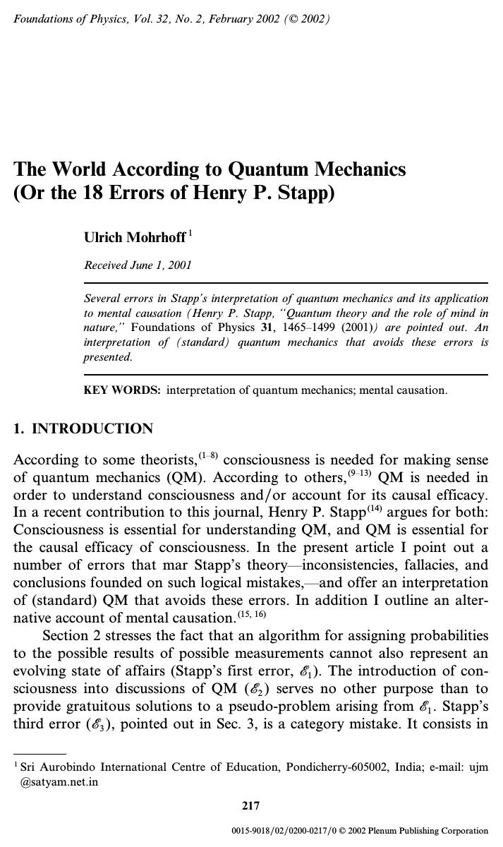 The World According to Quantum Mechanics (Or the 18 Errors of Henry P. Stapp) by Unknown