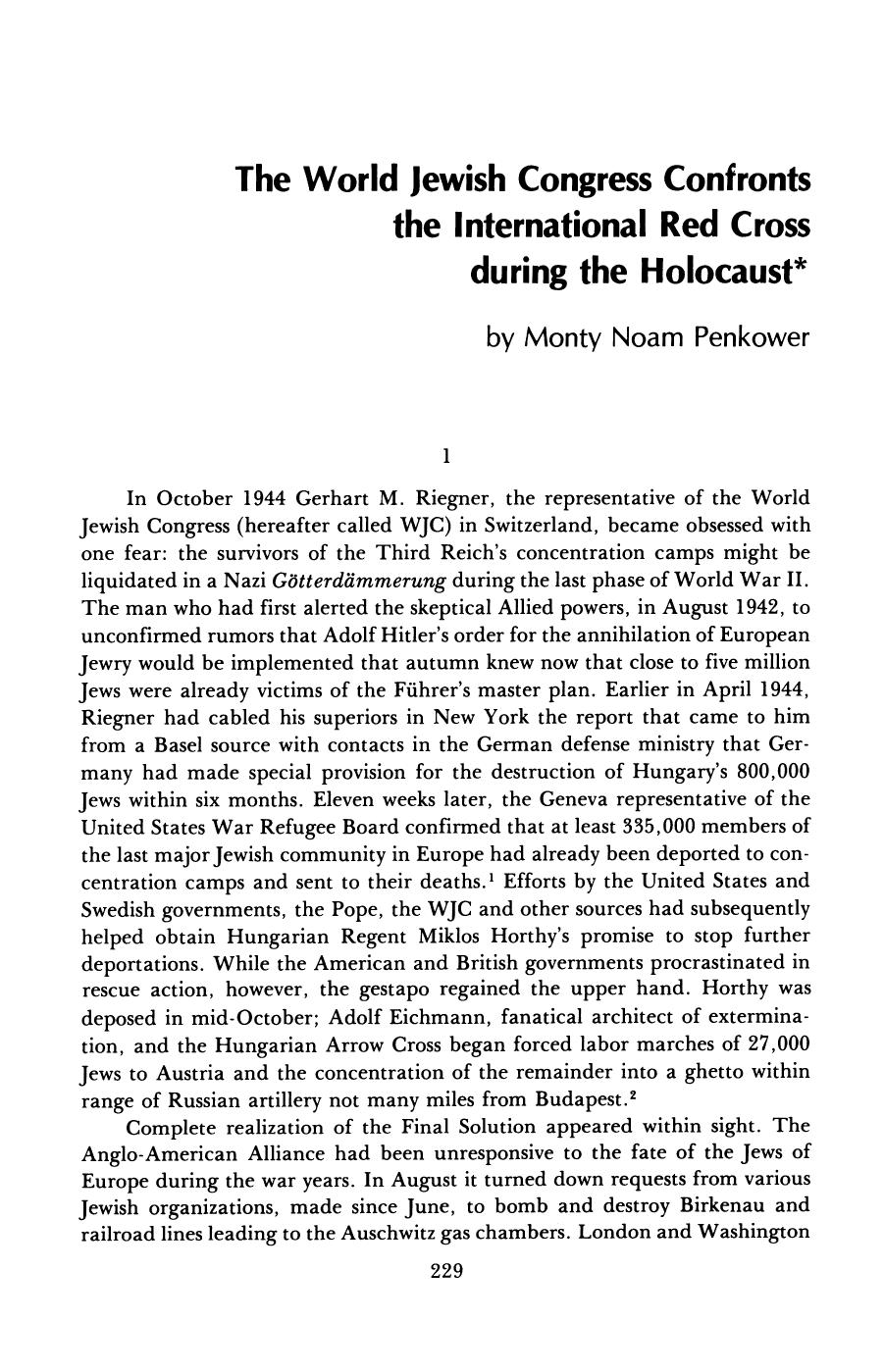 The World Jewish Congress Confronts the International Red Cross during the Holocaust by Unknown