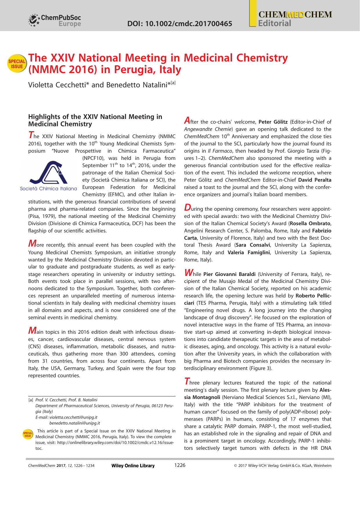 The XXIV National Meeting in Medicinal Chemistry (NMMCâ2016) in Perugia, Italy by Unknown