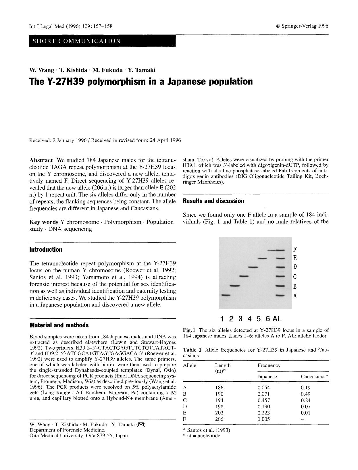 The Y-27H39 polymorphism in a Japanese population by Unknown