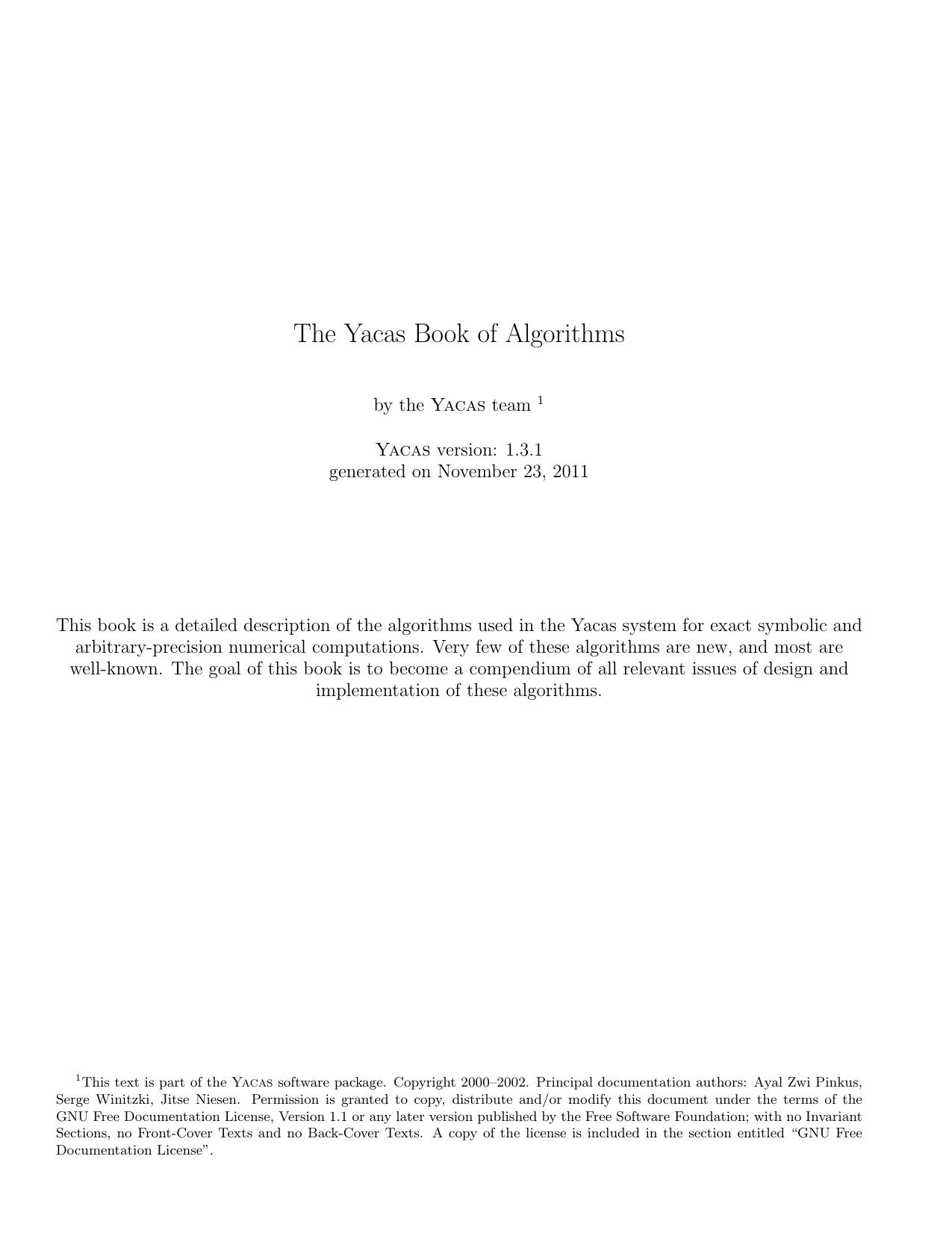 The Yacas Book of Algorithms by Pinkus A.Z. Winitzki S. Niesen J