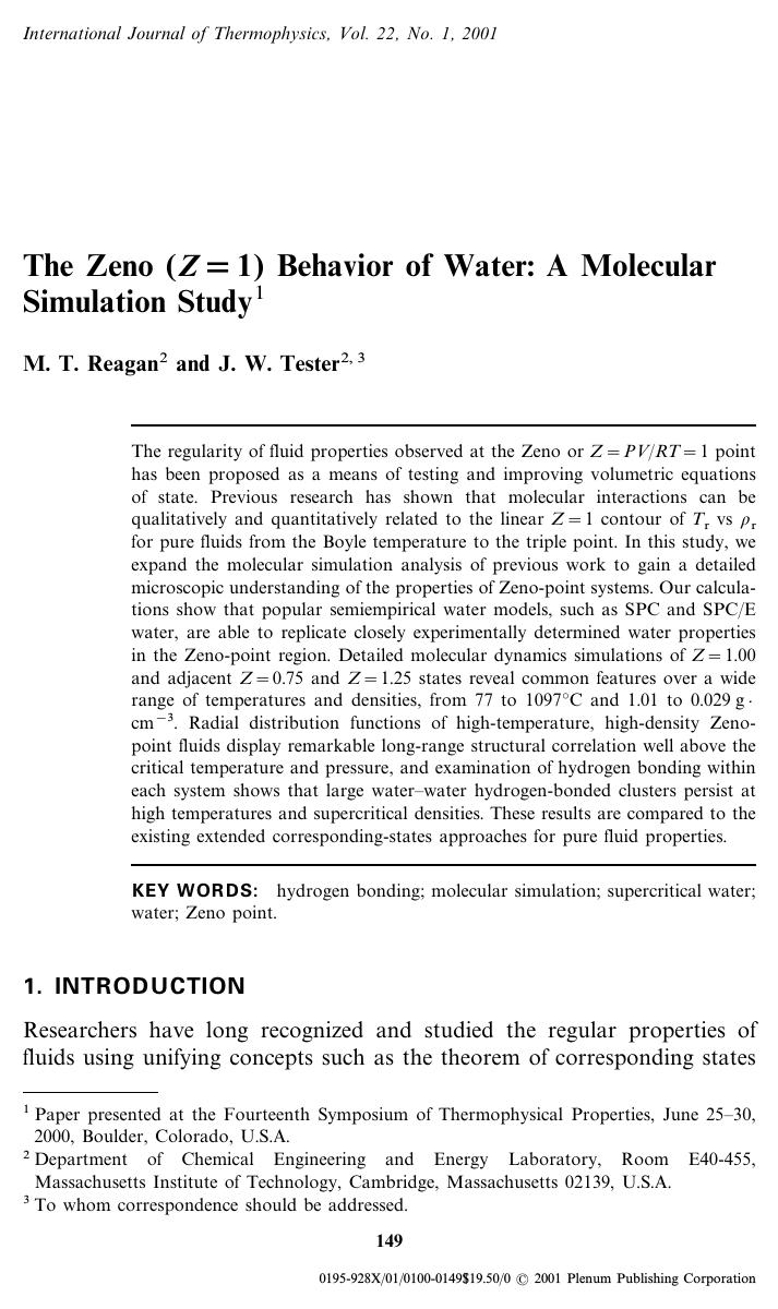 The Zeno (Z=1) Behavior of Water: A Molecular Simulation Study by Unknown