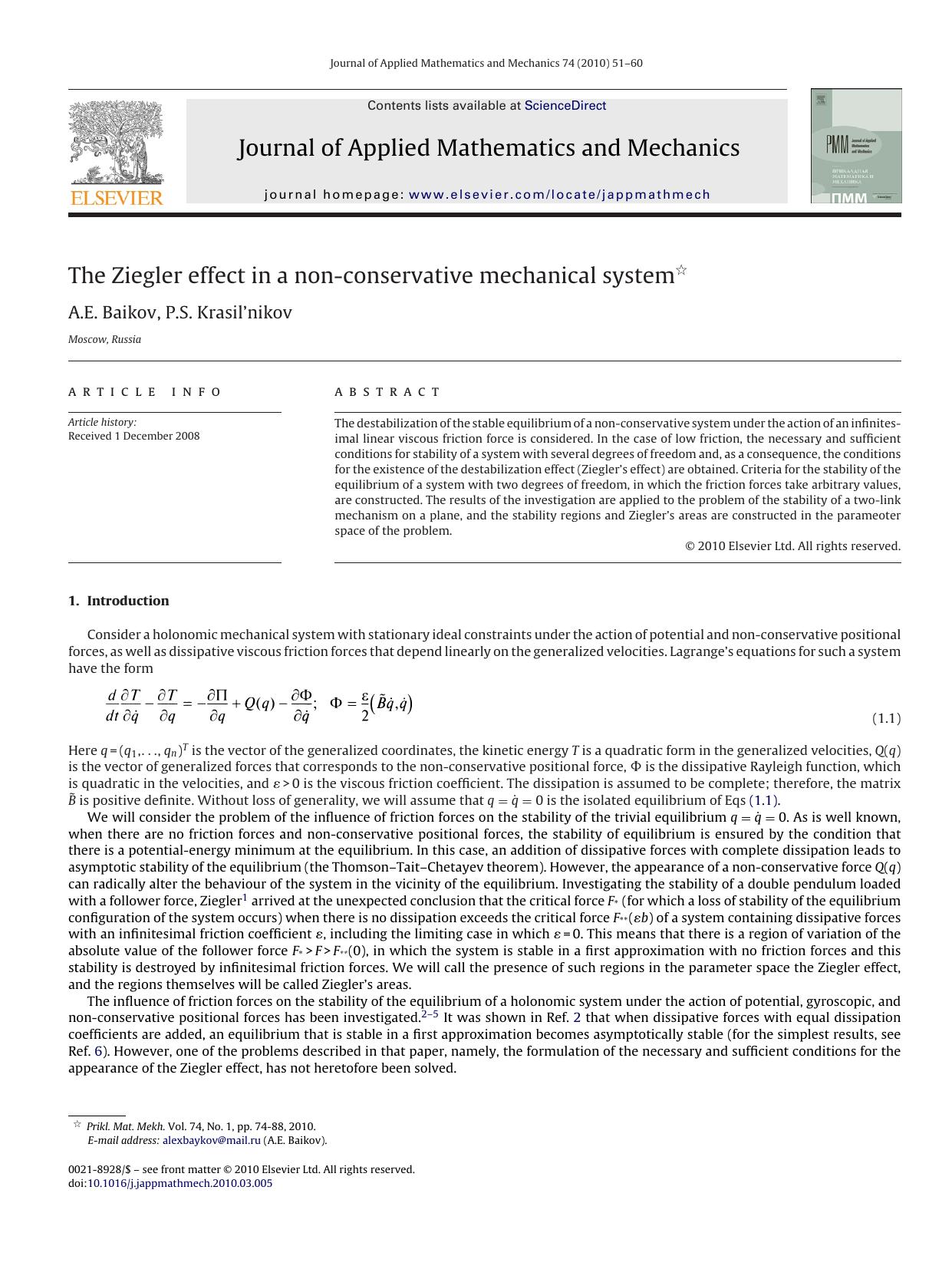 The Ziegler effect in a non-conservative mechanical system by A.E. Baikov; P.S. Krasilâ€™nikov