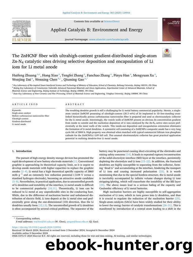 The ZnHCNF fiber with ultrahigh-content gradient-distributed single-atom Zn-N4 catalytic sites driving selective deposition and encapsulation of Li ions for Li metal anode by unknow