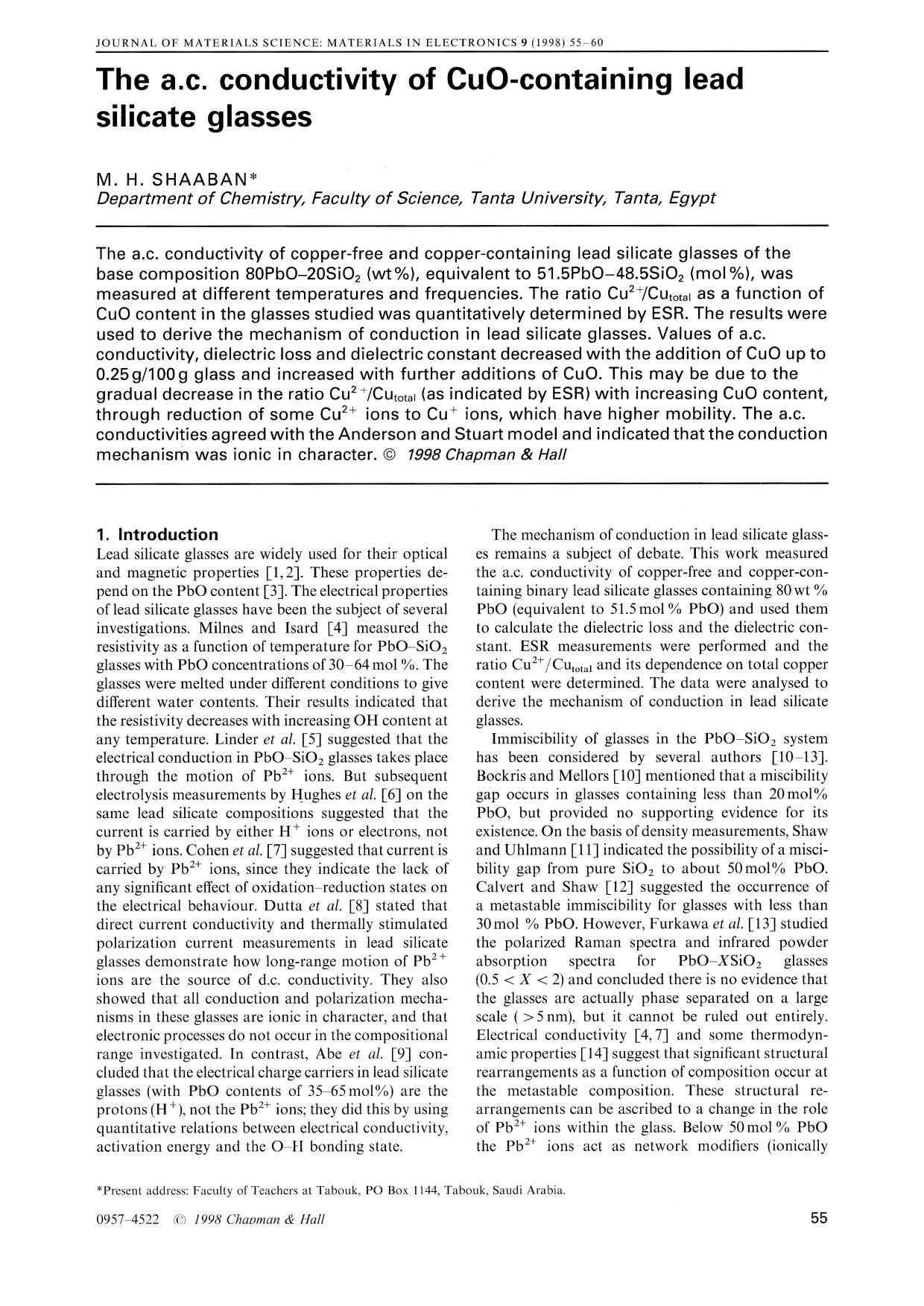 The a.c. conductivity of CuO-containing lead silicate glasses by Unknown