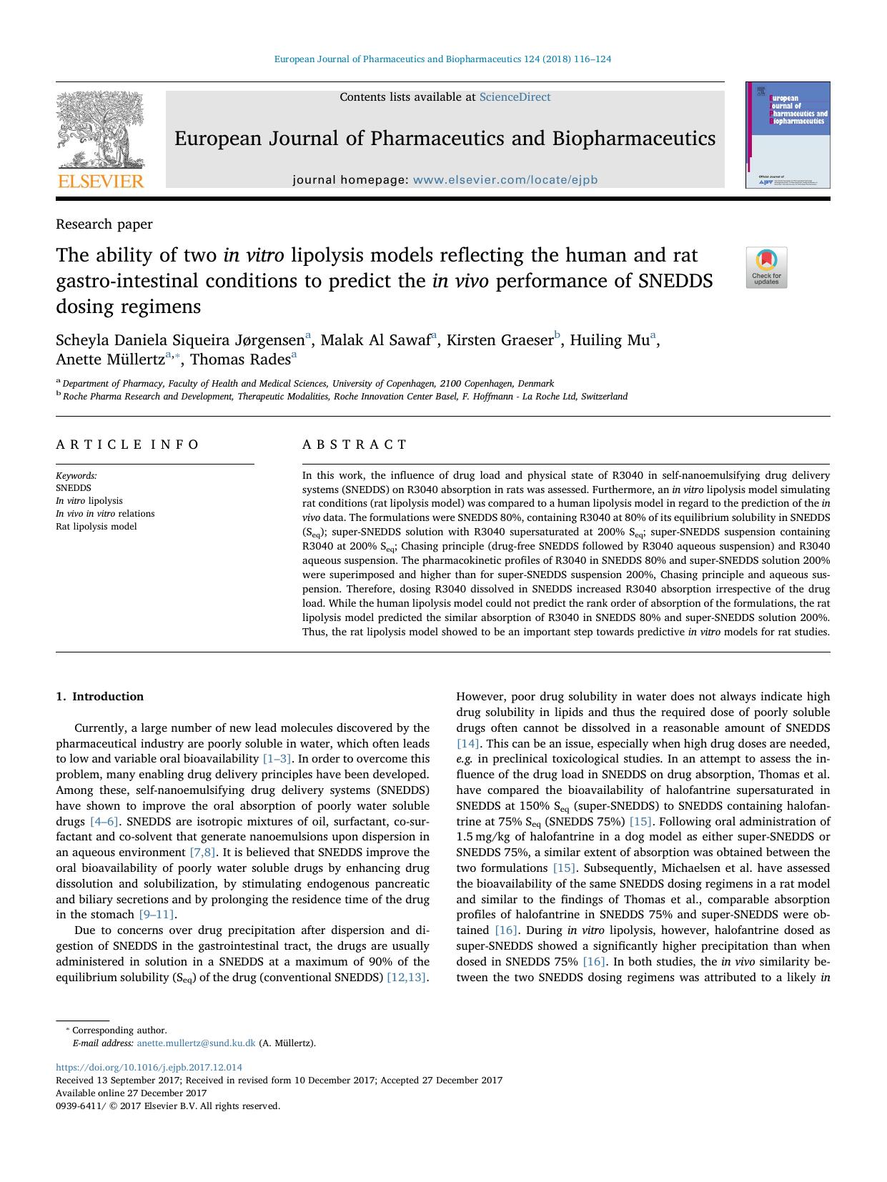 The ability of two in vitro lipolysis models reflecting the human and rat gastro-intestinal conditions to predict the in vivo performance of SNEDDS dosing regimens by unknow