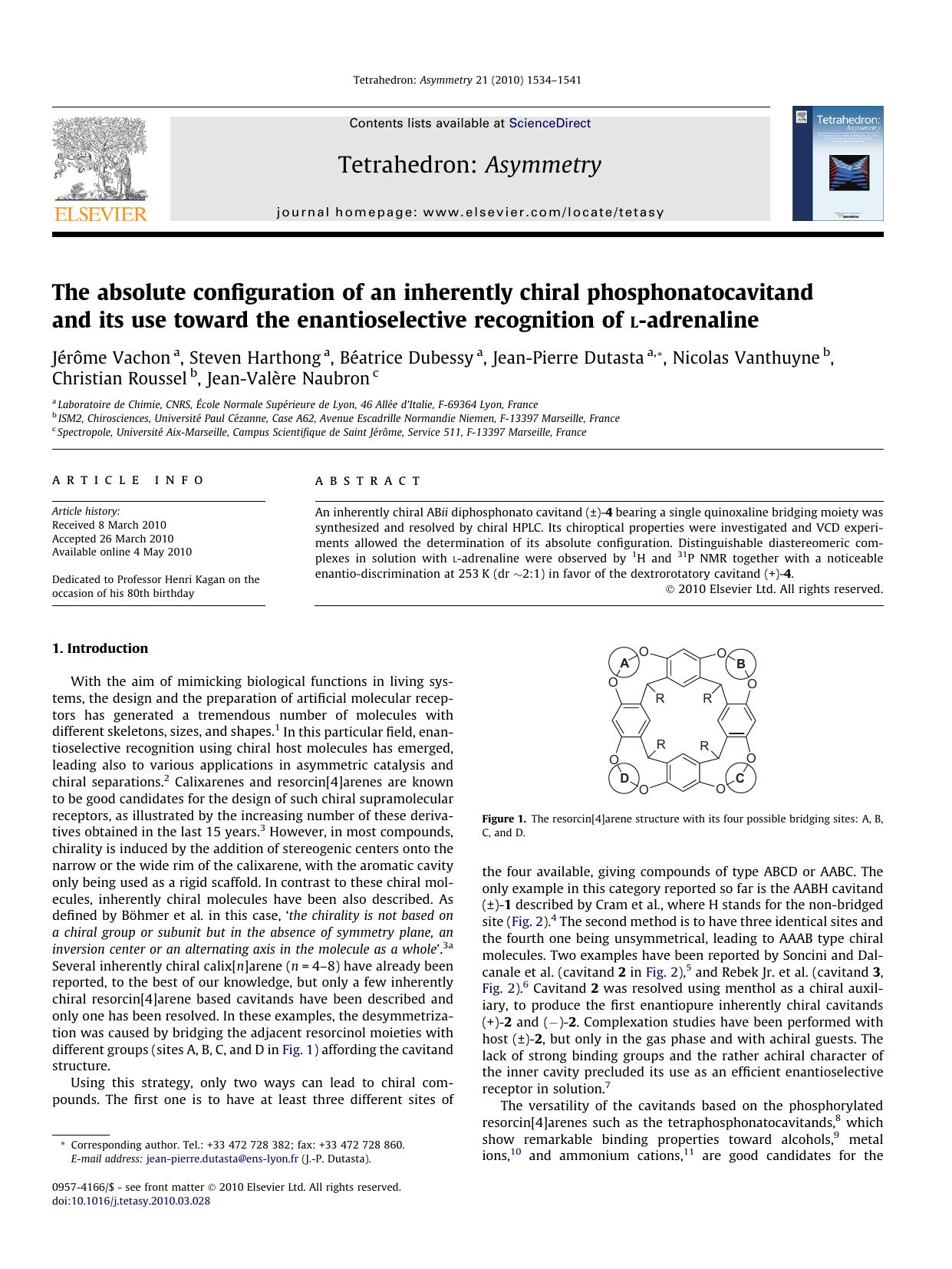 The absolute configuration of an inherently chiral phosphonatocavitand and its use toward the enantioselective recognition of l-adrenaline by unknow