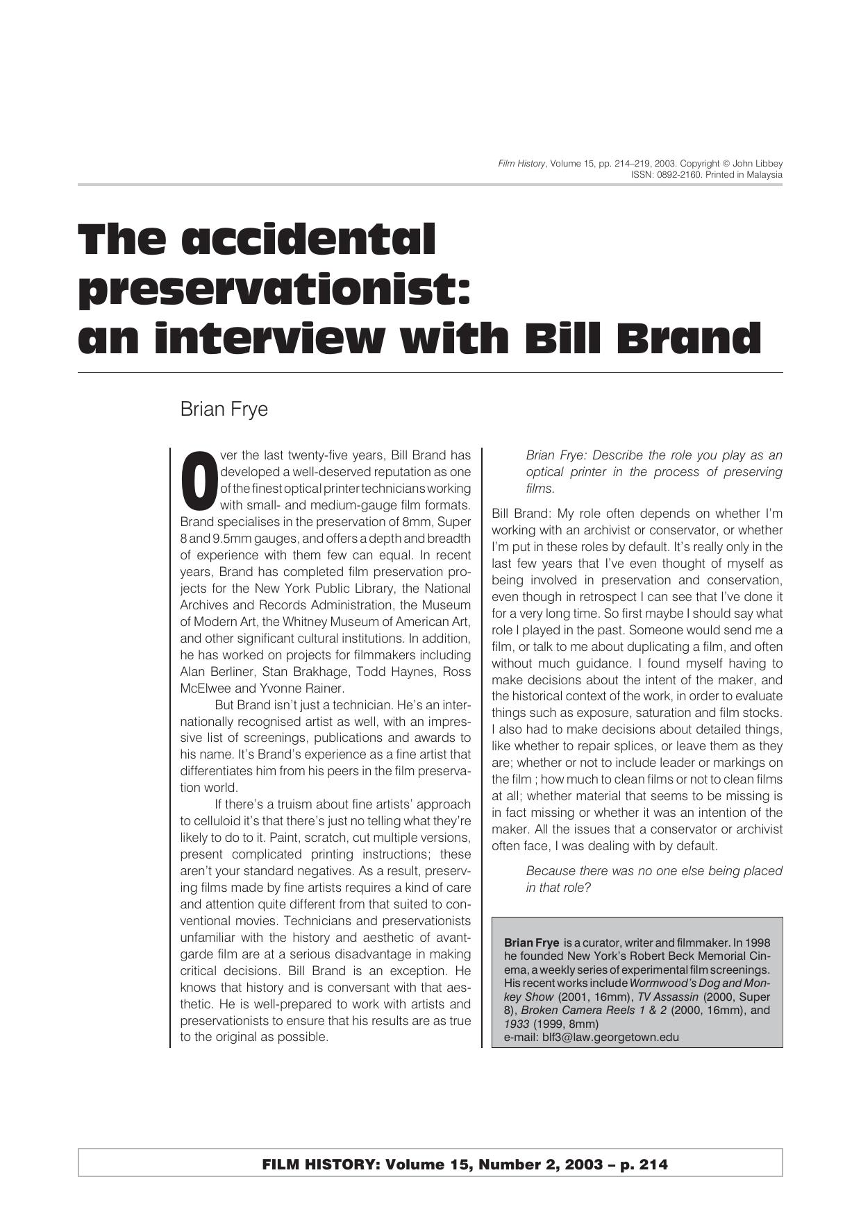 The accidental preservationist: an interview with Bill Brand," by Brian Frye by Brian Frye