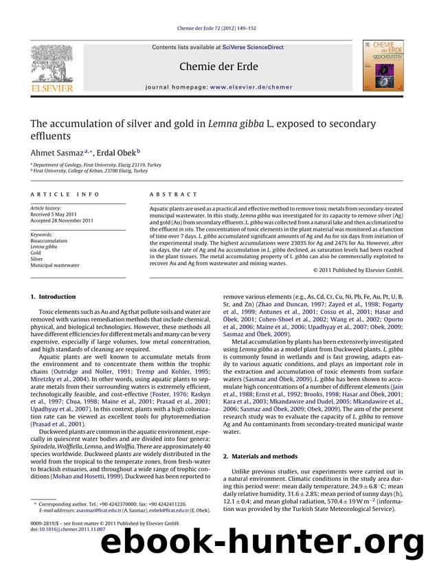 The accumulation of silver and gold in Lemna gibba L. exposed to secondary effluents by Ahmet Sasmaz