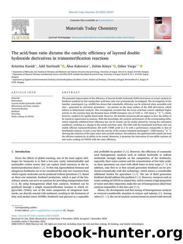 The acidbase ratio dictates the catalytic efficiency of layered double hydroxide derivatives in transesterification reactions by Krisztina Karádi & Adél Szerlauth & Ákos Kukovecz & Zoltán Kónya & Gábor Varga
