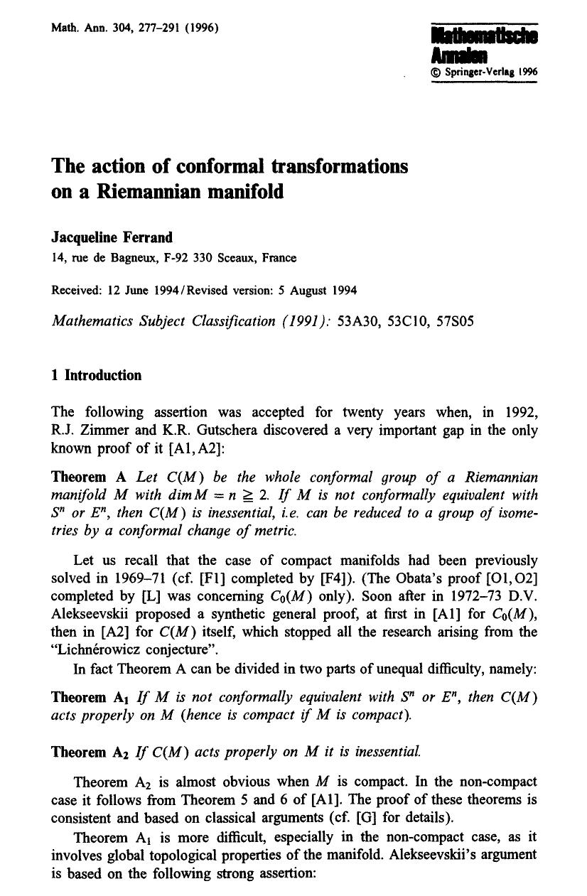 The action of conformal transformations on a Riemannian manifold by Unknown