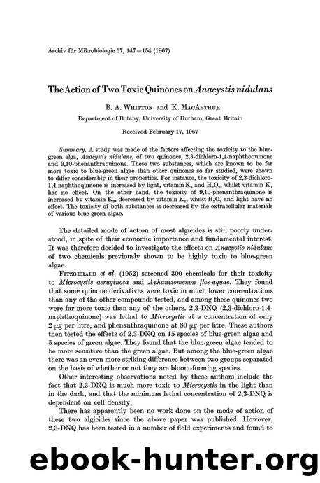 The action of two toxic quinones on <Emphasis Type="Italic">Anacystis nidulans<Emphasis> by Unknown