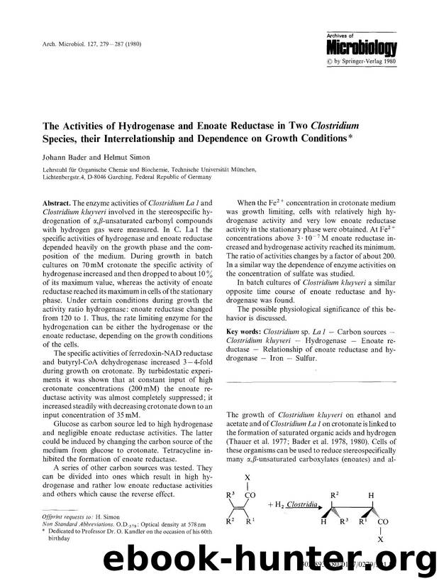 The activities of hydrogenase and enoate reductase in two <Emphasis Type="Italic">Clostridium<Emphasis> species, their interrelationship and dependence on growth conditions by Unknown