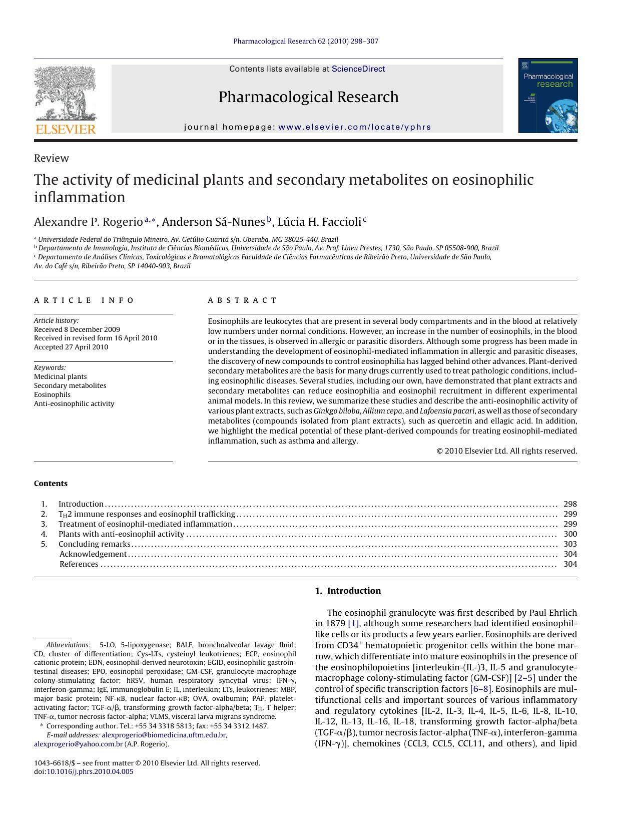 The activity of medicinal plants and secondary metabolites on eosinophilic inflammation by Alexandre P. Rogerio & Anderson Sá-Nunes & Lúcia H. Faccioli
