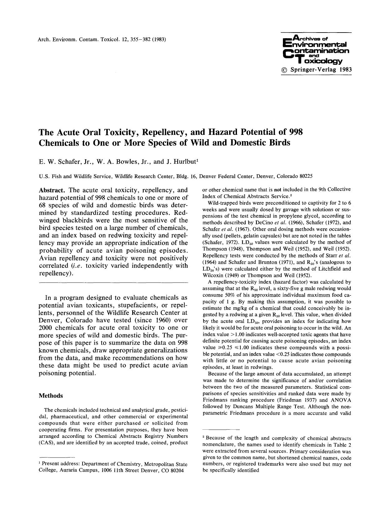 The acute oral toxicity, repellency, and hazard potential of 998 chemicals to one or more species of wild and domestic birds by Unknown