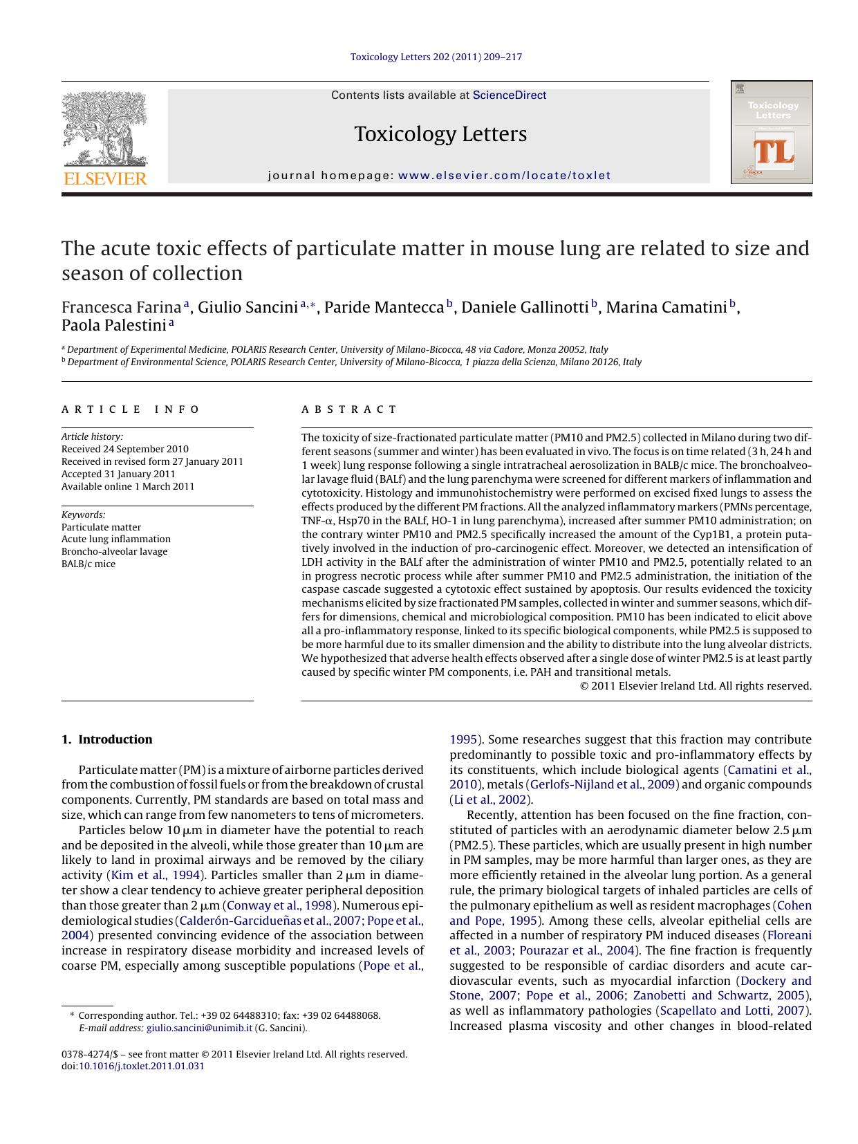 The acute toxic effects of particulate matter in mouse lung are related to size and season of collection by Francesca Farina