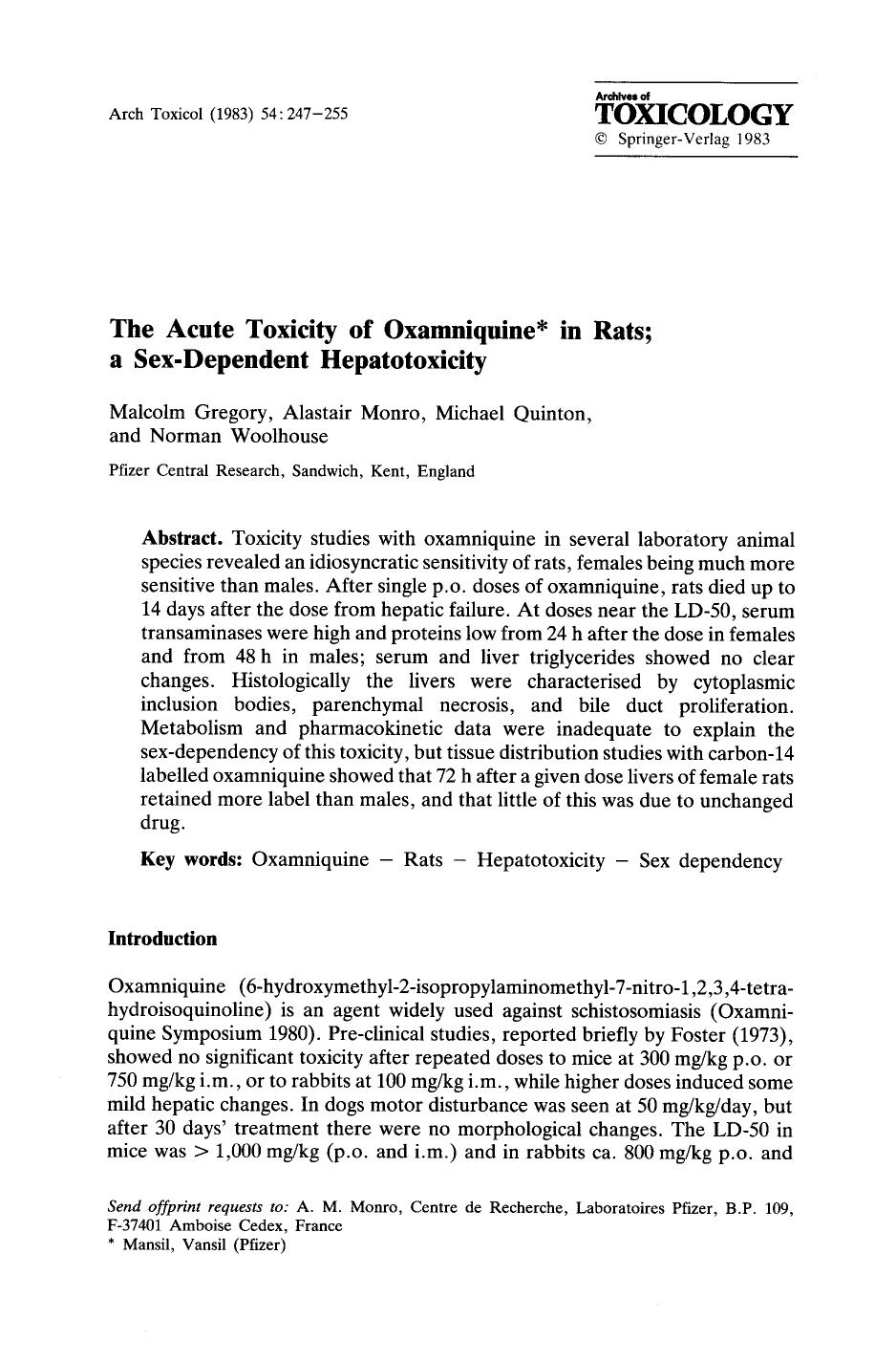 The acute toxicity of oxamniquine in rats; a sex-dependent hepatotoxicity by Unknown