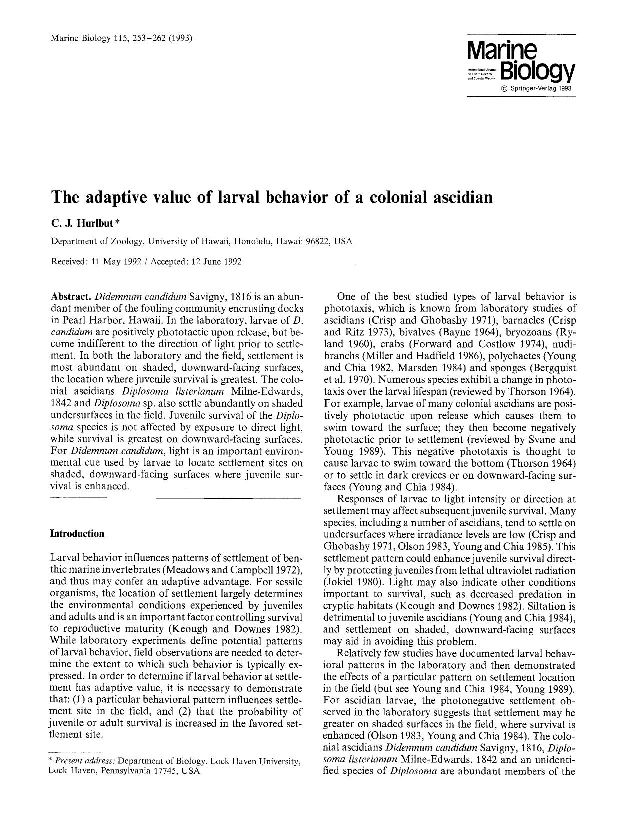 The adaptive value of larval behavior of a colonial ascidian by Unknown