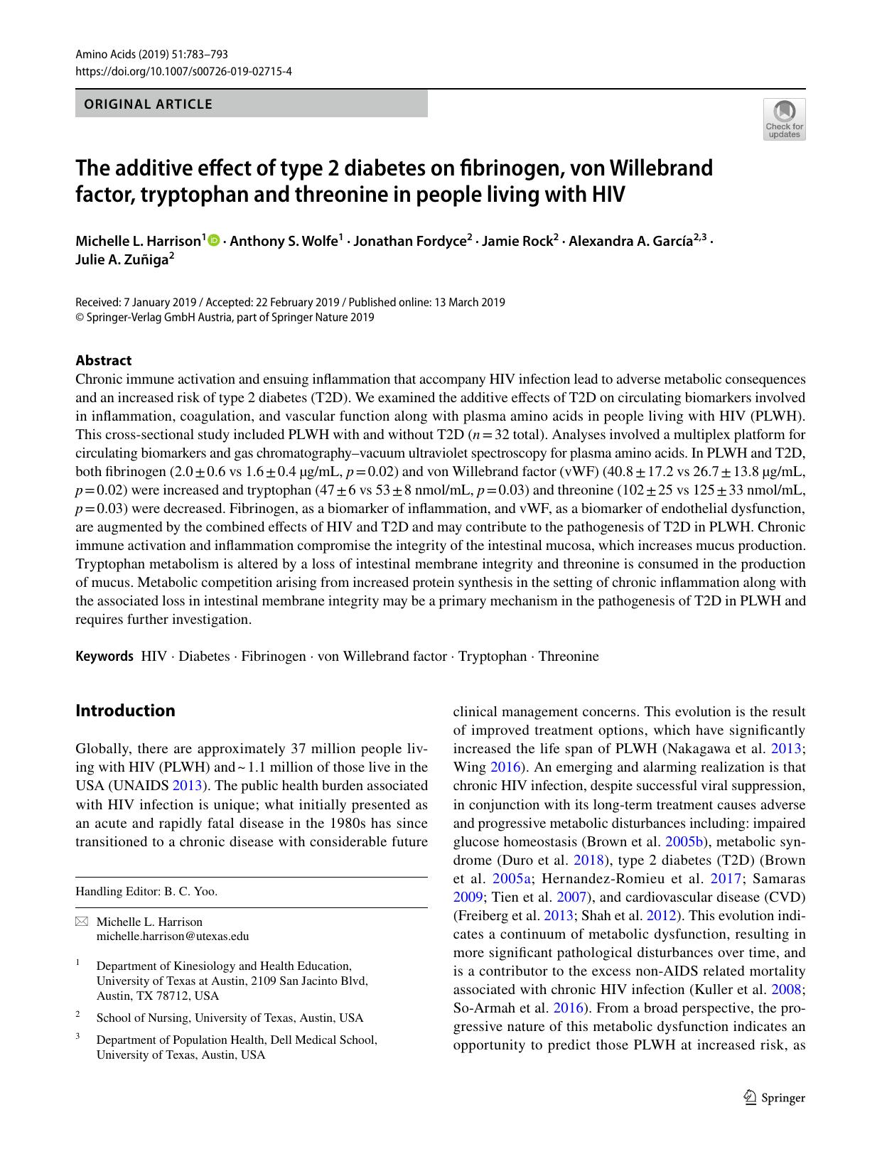 The additive effect of type 2 diabetes on fibrinogen, von Willebrand factor, tryptophan and threonine in people living with HIV by unknow