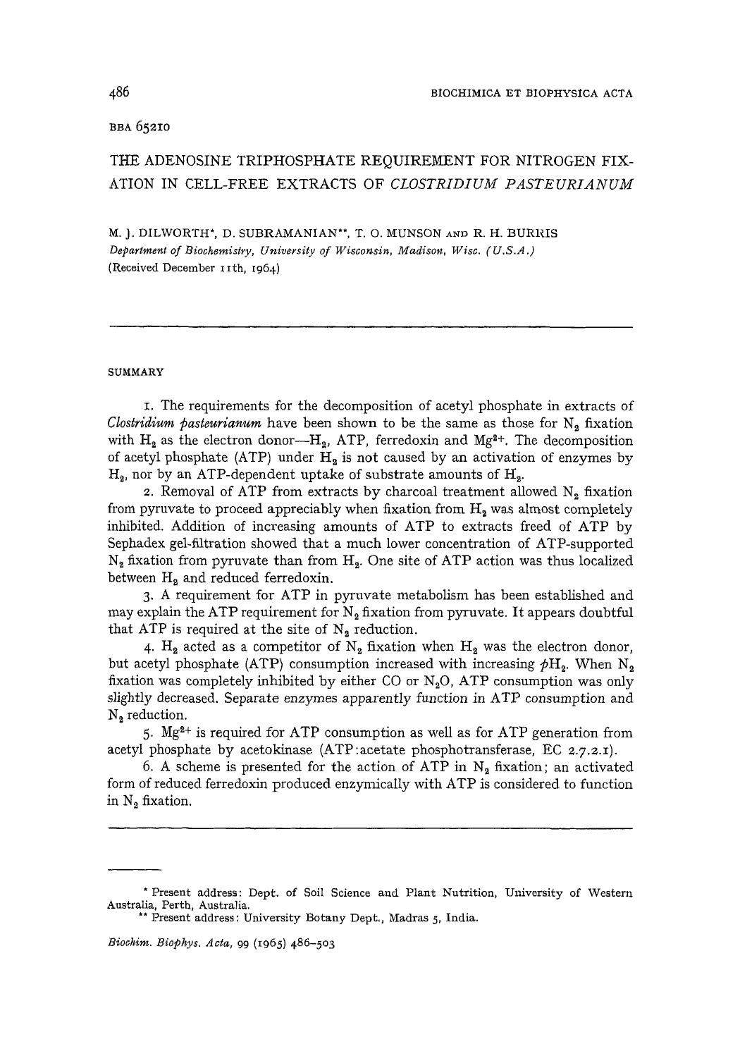 The adenosine triphosphate requirement for nitrogen fixation in cell-free extracts of Clostridium pasteurianum by M.J. Dilworth; D. Subramanian; T.O. Munson; R.H. Burris