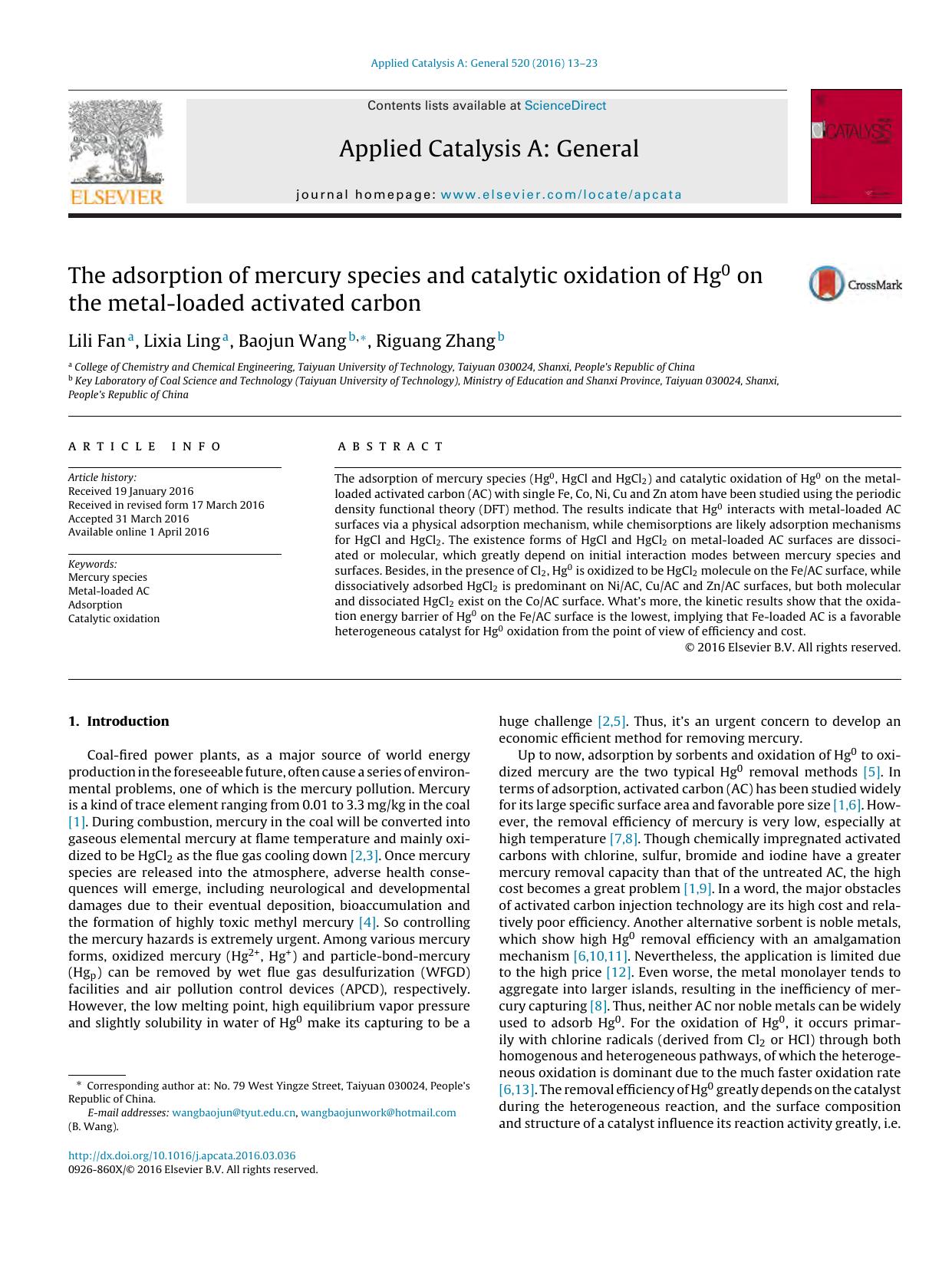 The adsorption of mercury species and catalytic oxidation of Hg0 on the metal-loaded activated carbon by Lili Fan & Lixia Ling & Baojun Wang & Riguang Zhang