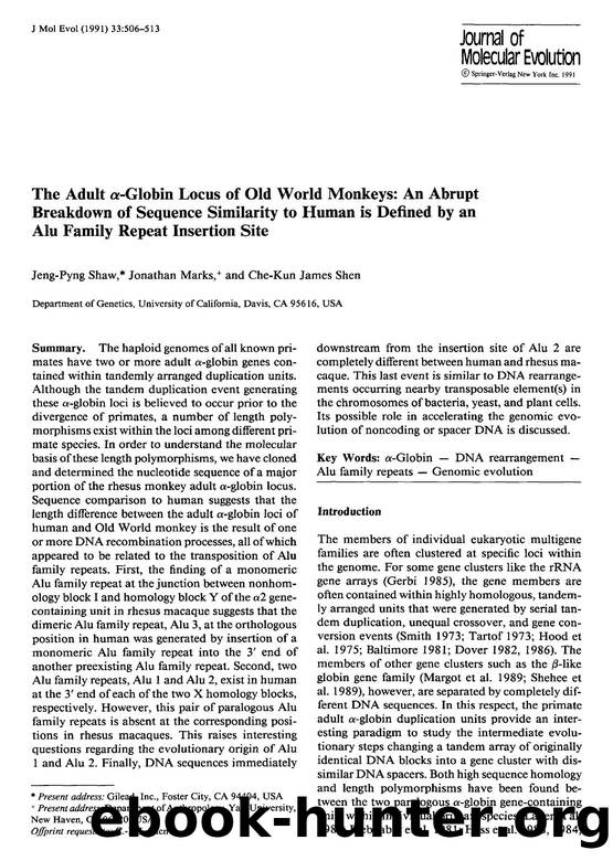 The adult α-globin locus of old world monkeys: An abrupt breakdown of sequence similarity to human is defined by an Alu family repeat insertion site by Unknown