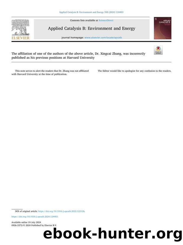 The affiliation of one of the authors of the above article, Dr. Xingcai Zhang, was incorrectly published as his previous positions at Harvard University by Unknown